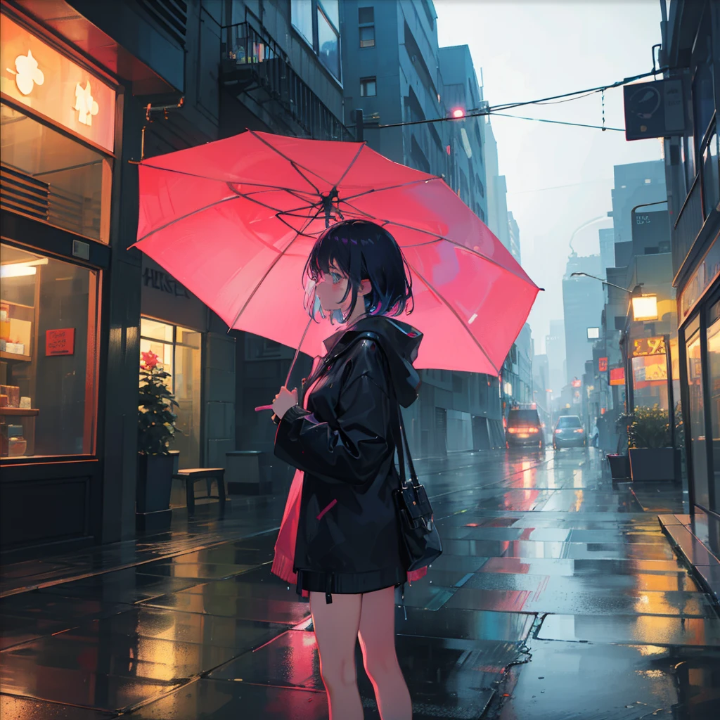 raining day,A young girl squatted with a red umbrella and stared at the puddle on the ground in a daze,The neon city of high-rise buildings is reflected in the waterhole