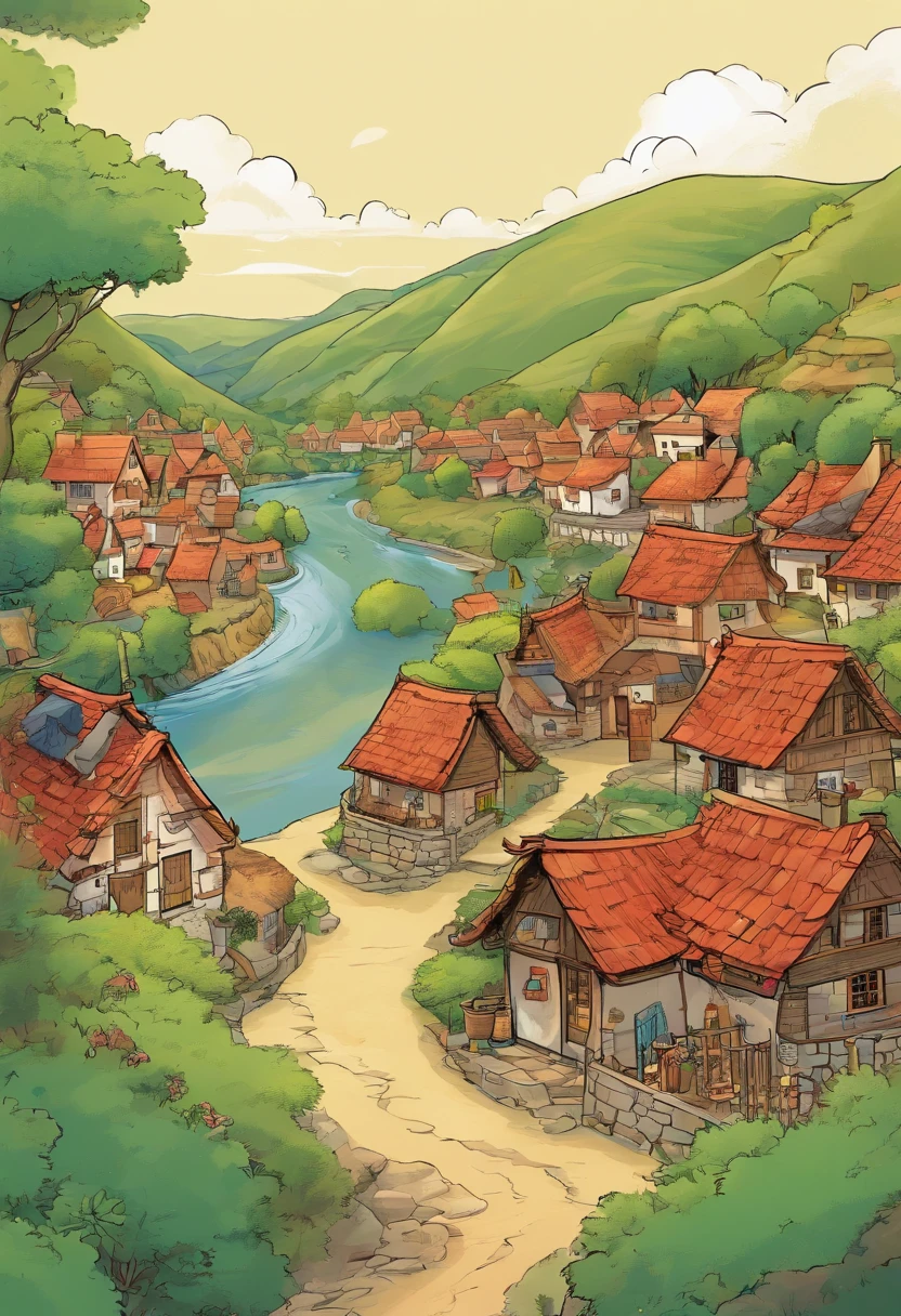 Marko is a young man in his early twenties, tall and slim. He has short dark hair and wears a red cap. wears blue jeans white shirt with sleeves .white sneakers.
high res, ultrasharp, 8K, masterpiece,
The village was a picturesque, tranquil place surrounded by lush green fields and rolling hills. It consisted of quaint cottages with thatched roofs, and a winding river meandered through the heart of the village. The villagers were warm and friendly, and life in the village was simple and peaceful.
