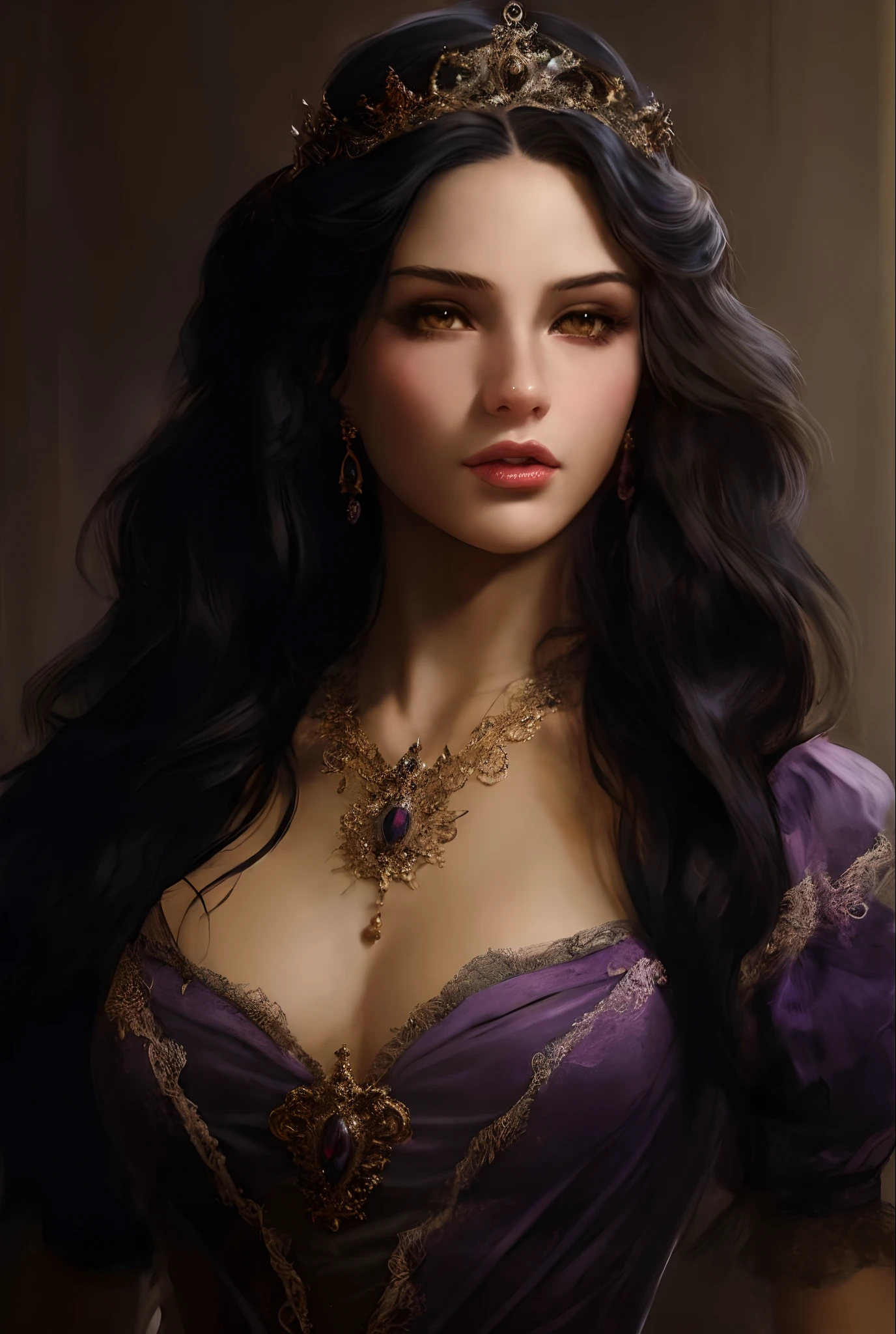 uma pintura de uma mulher em um vestido roxo com um tiable, sedutora mulher mesmer, retrato bonito da arte da fantasia, arte do retrato da fantasia, fantasia arte vitoriana, mulher da fantasia, retrato da arte da fantasia, arte de fantasia medieval, arte de fantasia realista, arte de fantasia hiperrealista, pintura de personagem bonita, Gothic fantasy art, realistic fantasy illustration, bela arte de fantasia, Magali Villeneuve»