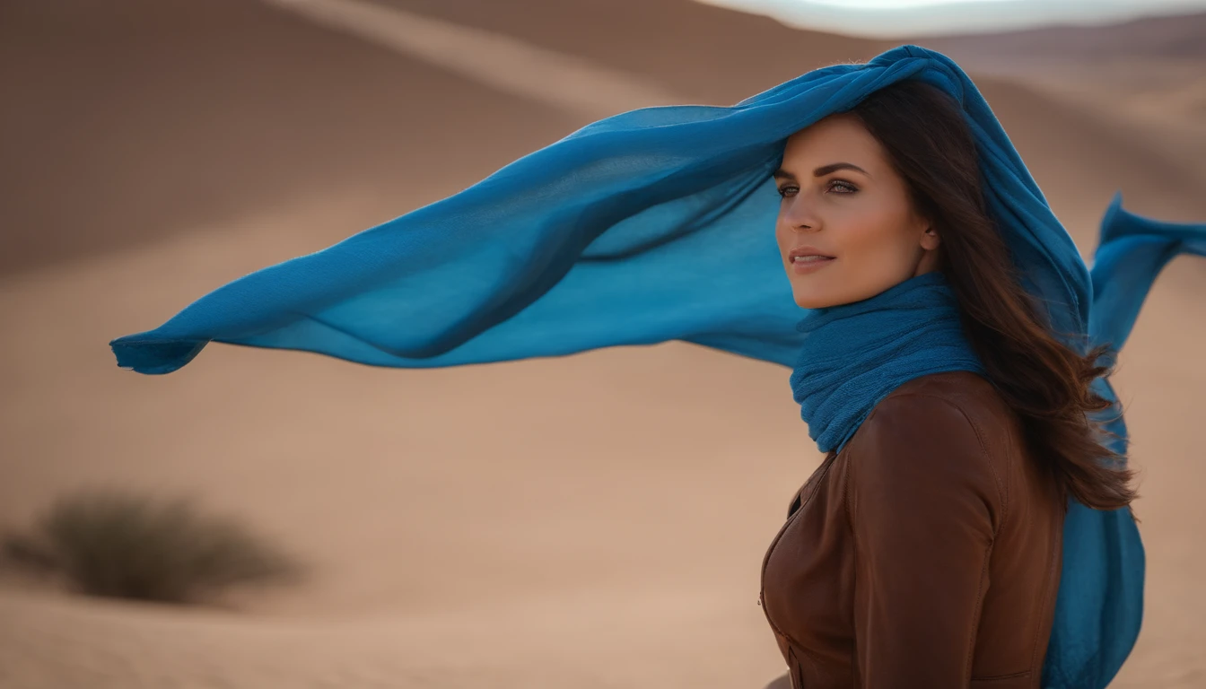 A Scandinavian woman is wearing a blue scarf in the desert, detailed facial features, Firminbaes, Fotografia de guerra, olhar intenso,fotografia de retrato, desfoque de fundo,capturado por Sony Alpha a7 Illcamera com Sony FE 24-105mm f/Primavera OSS 4G*