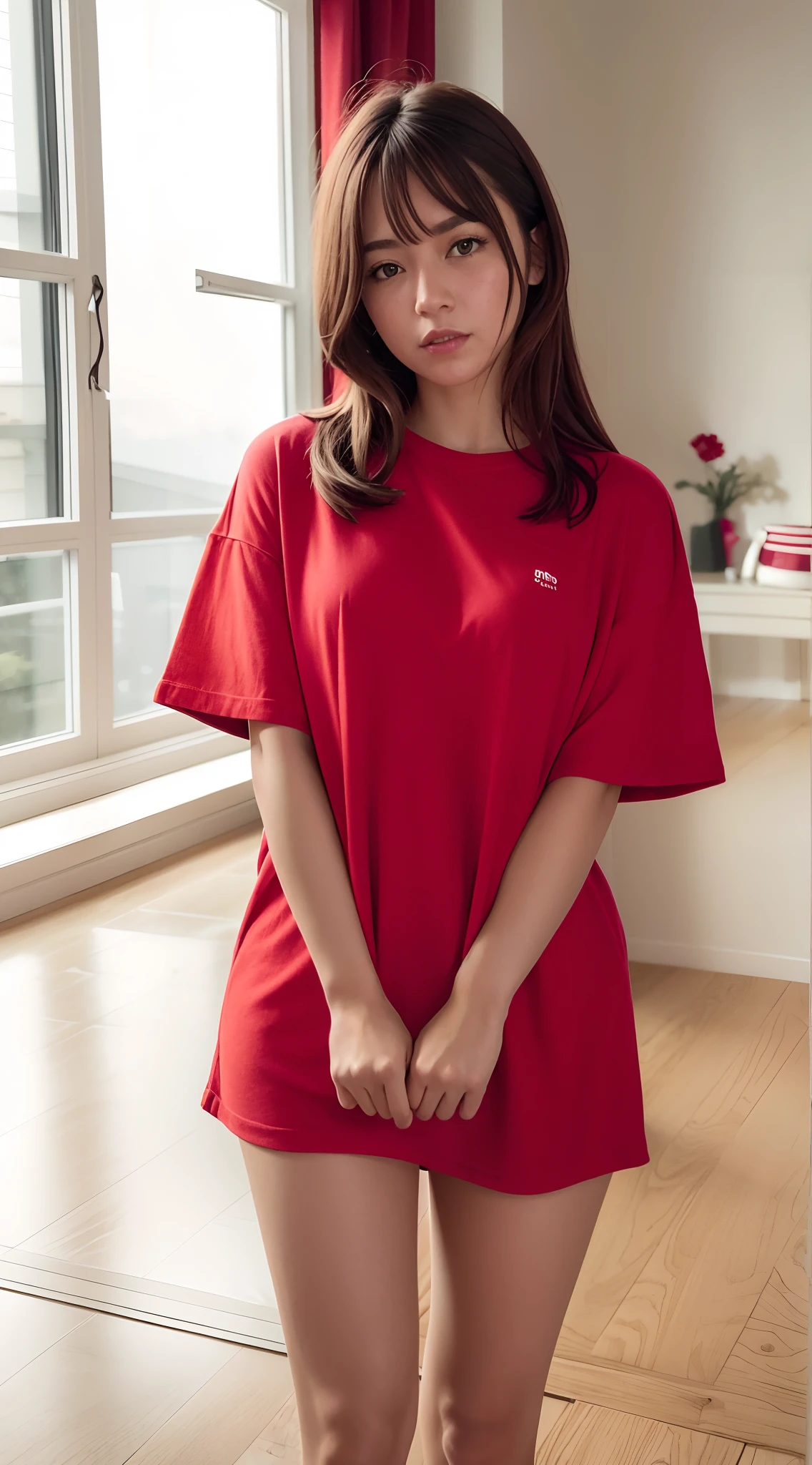 Close up portrait of woman standing in bedroom, Short sleeves, Red trendy clothes, Wearing a red T-shirt, Red T-shirt, Simple dress, Casual red clothes, Long shirt, Red T-shirt, Cute Girl, in tshirt, Red clothes, plain red T-shirt, t - shirt, T-shirt、busty girl