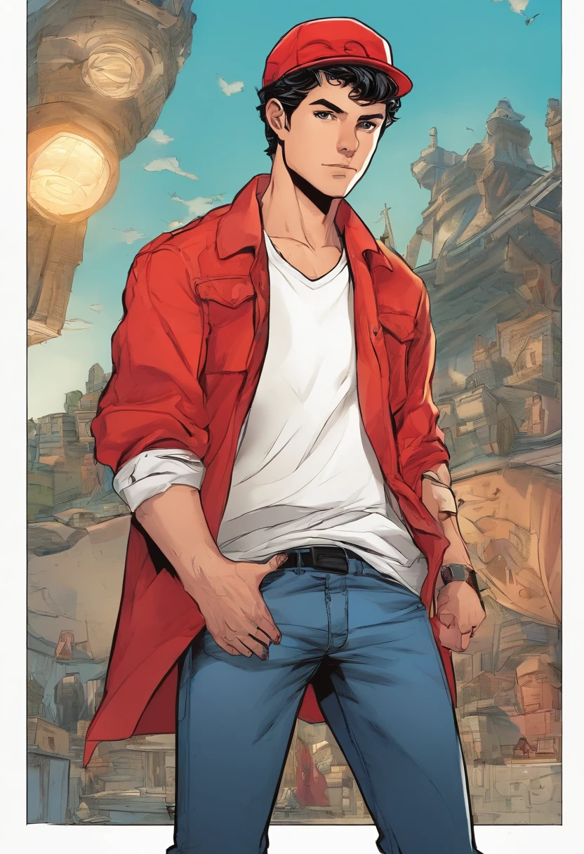 Marko is a young man in his early twenties, tall and slim. He has short dark hair and wears a red cap. wears blue jeans white shirt with sleeves .white sneakers.
high res, ultrasharp, 8K, masterpiece,