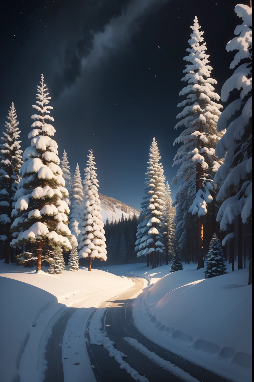 A painting of a winter landscape, pine trees, a blizzard of snow, snow drifts, a big rock, night time light, dark sky.