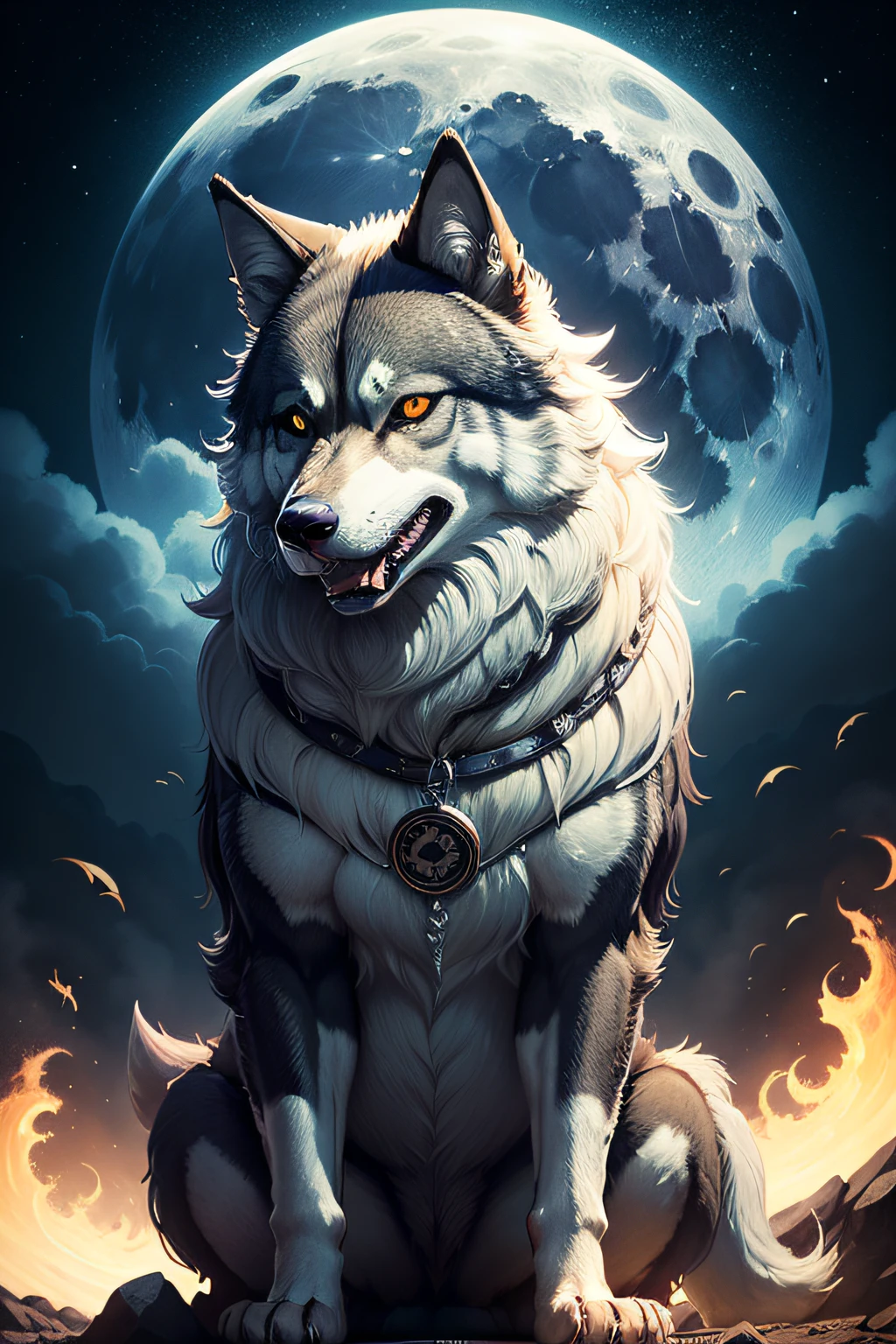 yamainu、wolfdog、a cool、Deities々Right、Roaring at the moon、big body、a sticker、A logo、Silvery coat、