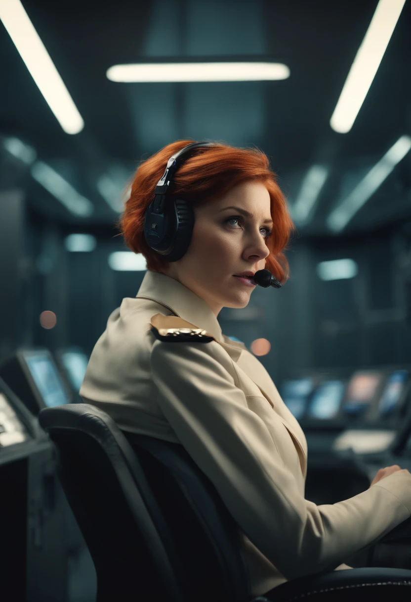 Absurd resolution, high resolution, (masterpiece: 1.4), hyper-detail, ung woman, short red hair, pilot suit, rich princess, sitting in an extremely narrow closed mecha control room, expression scared crying open mouth call (1.3), in the sky