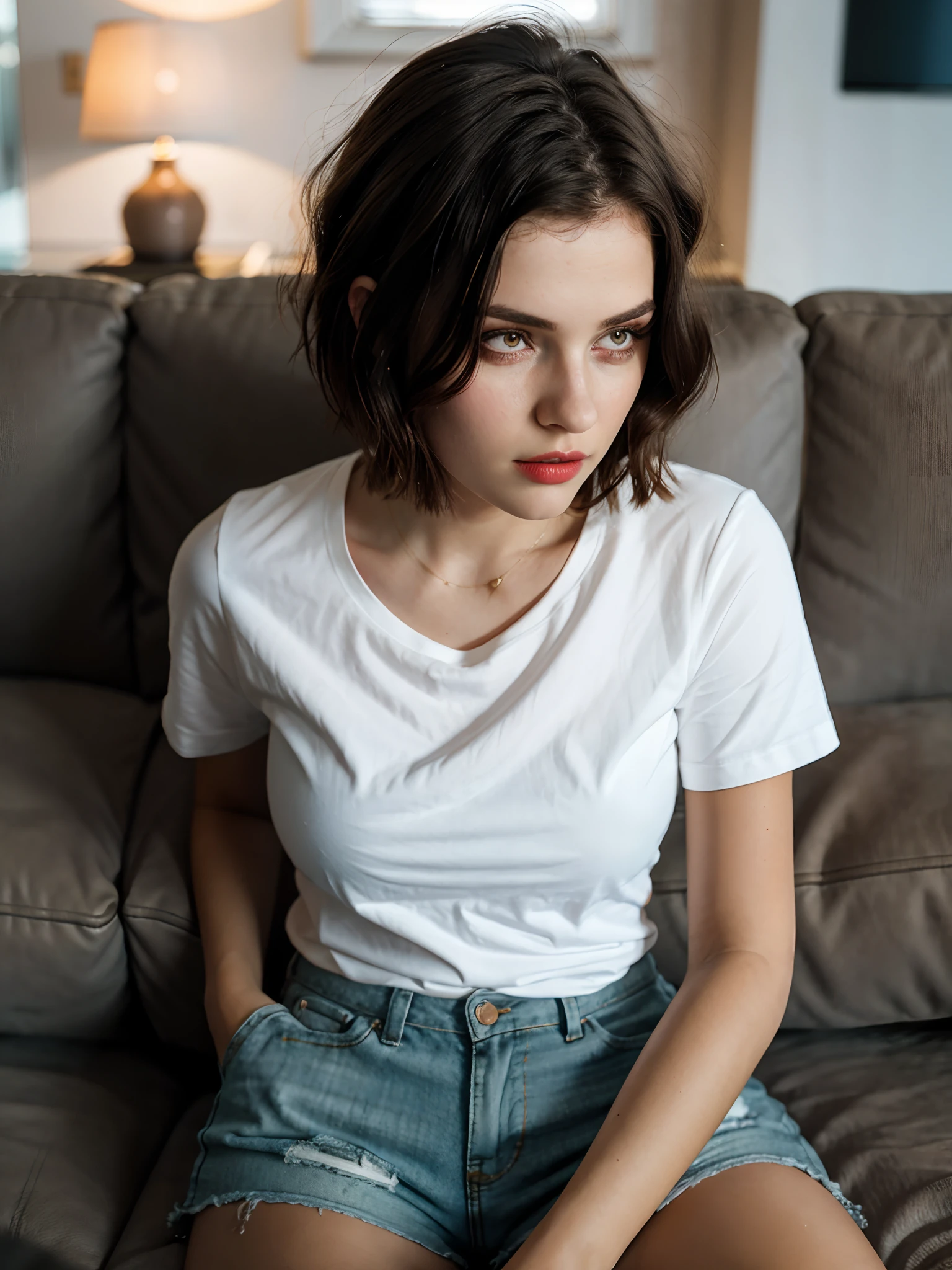 amateur, sitting on the couch  , [portrait], bright lighting, eye focus, (sharp focus: 1.2), photo (full body) (apartment), attractive 18-year-old, (beautiful face: 1.1), detailed dark brown eyes, delicious lips, (eye makeup: 0.85), (medium breasts: 2.0), (firm body: 1.2), (short hair: 1.2), shorts and plain t-shirt, high frequency details, (film grain), dramatic, ornate, warm colors, (backlighting:0.5), photographed on a Canon EOS R5, 85mm f/1.2 cine lens, sharp focus, (highly detailed, intricately detailed), (Cinestill 800T:0.9)