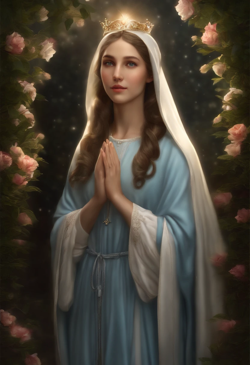 (Holy virgin mary of LOURDES))) Masterpiece, (Best quality: 1.2), (Super fine: 1.2), Illustration, (Extremely delicate and beautiful: 1.2), Film angle, Floating, (Beautiful detail eye: 1.1), (Detail Light: 1.1), Film lights, Delicate sky, Blue eyes, (High ponytail: 1.1), Layer, Bright eyes, Starry sky, (Light particles: 1.1) drawing, blossom. (masterpiece), (best quality), (photorealistic:1.3), 8k, detailed skin texture, detailed cloth texture, beautiful detailed face, intricate details, ultra detailed (full-length body:1.2)