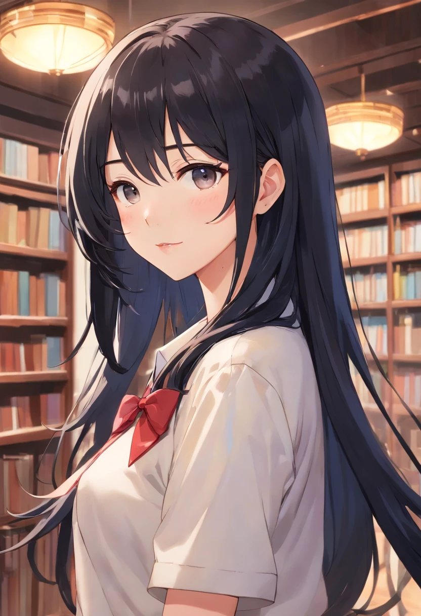 Masterpiece, Best quality, high resolution, extremely detailed photography, Professional lighting, Female students wearing school uniforms pose for a group photo, Realistic young gravure student idol, she is about 16 years old, White blouse, Smooth hair flow, Beautiful highschool girl, gogo dancer, suki, big collar, In a library, ayne haag, So cute, kawaii，Black hair, Straight hair one meter long，Lots of hair，Hair strands are clearly visible，The hair is thick，Top hair quality，The hair is too smooth，Hair is unusually smooth，The shine of the hair is dazzling，Masterpiece, Best quality, high resolution, extremely detailed photography, Professional lighting, （The rubber band slowly slipped from the hair，Untie smooth hair along the trajectory of the rubber band，Smooth hair is untangling:5.5），8K, Super detail，Jet-black hair，Jet-black hair， Super hydrated hair，Top moisturizing hair，Smooth hair at the highest end，Hydrated hair reflects a dazzling water light，Black straight hair is the highest grade and smoothest hair，a superlative, Smooth hair in circles，Spins like a fan，The hair unfolds quickly，High-grade hair spreads quickly like a fan。Hair of the highest rank is draped over the shoulders，High-grade hair covers the whole body，Front of the shoulders