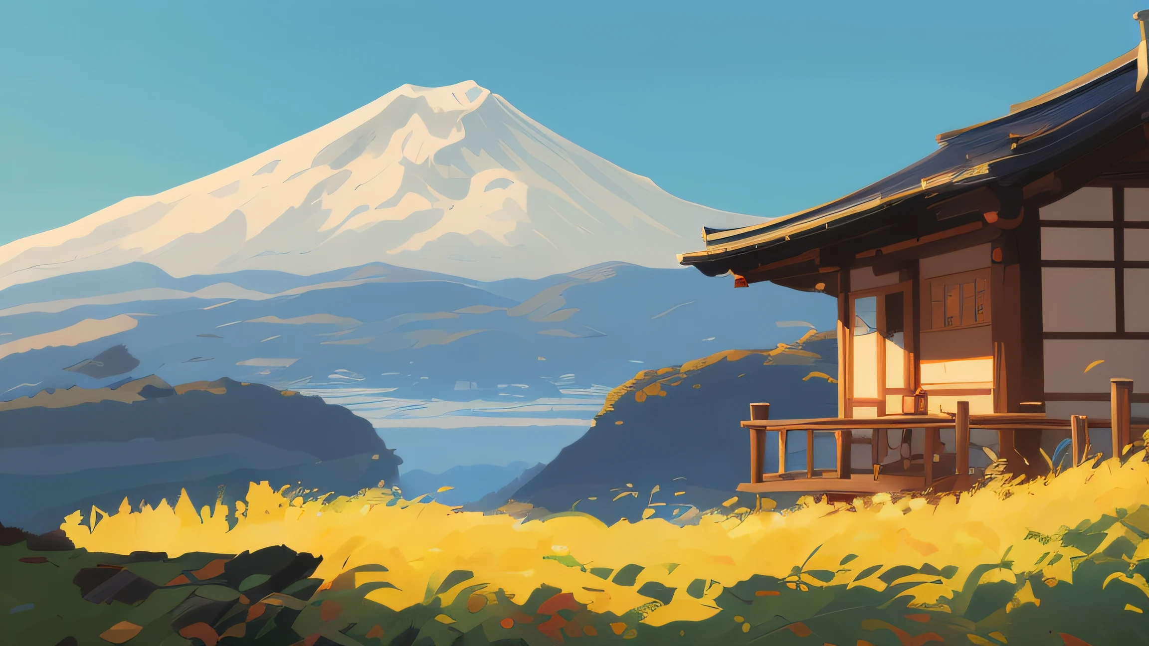 there is a painting of a house on a hill with a mountain in the background, detailed scenery —width 672, anime landscape, inspired by Tōshi Yoshida, inspired by Josetsu, anime background art, painted in anime painter studio, mount fuji background, anime landscape wallpaper, detailed painting 4 k, anime countryside landscape, inspired by Yoshida Hanbei