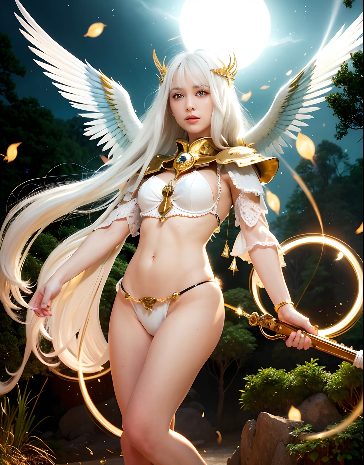 Professional , ​masterpiece、top-quality、photos realistic , depth of fields 、（White ?????? armor)、（Particles of light）、Jewel Gold Weapon、Particles of light),Gorgeous gold weapons ,（（ Gorgeous Dragon Sword）） , （White angel wings grow）,（maikurobikini） 、（（White hair））、（Castle background）、（（Gangle's forest background））、Beautiful Caucasian beauty、１a person、dynamic ungle,(((A small ring of light floating overhead)))、Smaller head、Idle Smile、Thin and beautiful female hands、Mystical expression、Light Effects、intense fighting、Wind-effect、magic circles、（White angel wings grow）、