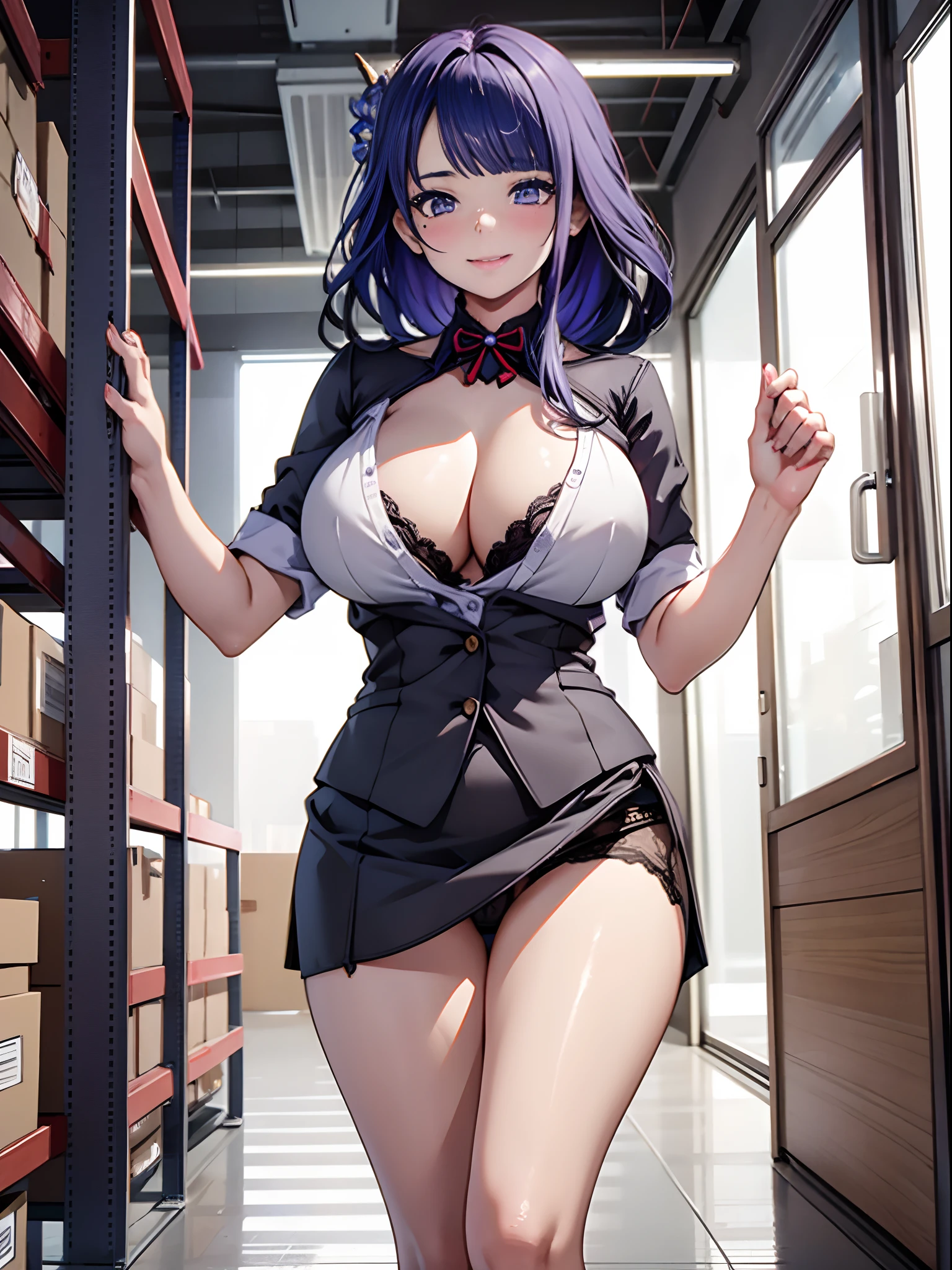 NSFW, 1girll, RAW photo , Best quality , Masterpiece , Photorealistic , Realistic details , Realistic proportions , A detailed face , face round , Whole body , full bodyesbian , Japanese female office worker , A MILF , attractive mature lady , 20yr old, Seductive smile , Curvy , secretary , Very short miniskirt:1.4 , Skirt lift 1.8 , Panty shots:1.2 , a garter belt ,Pantyhose , Spread legs, Transparent blouse:1.5 ,Bra compartment shirt:1.5 ,glistning skin , ,Stand in the warehouse , Dynamic lighting, Extra-large big breasts,Blush,Perfect body slim curves,Hair purple,