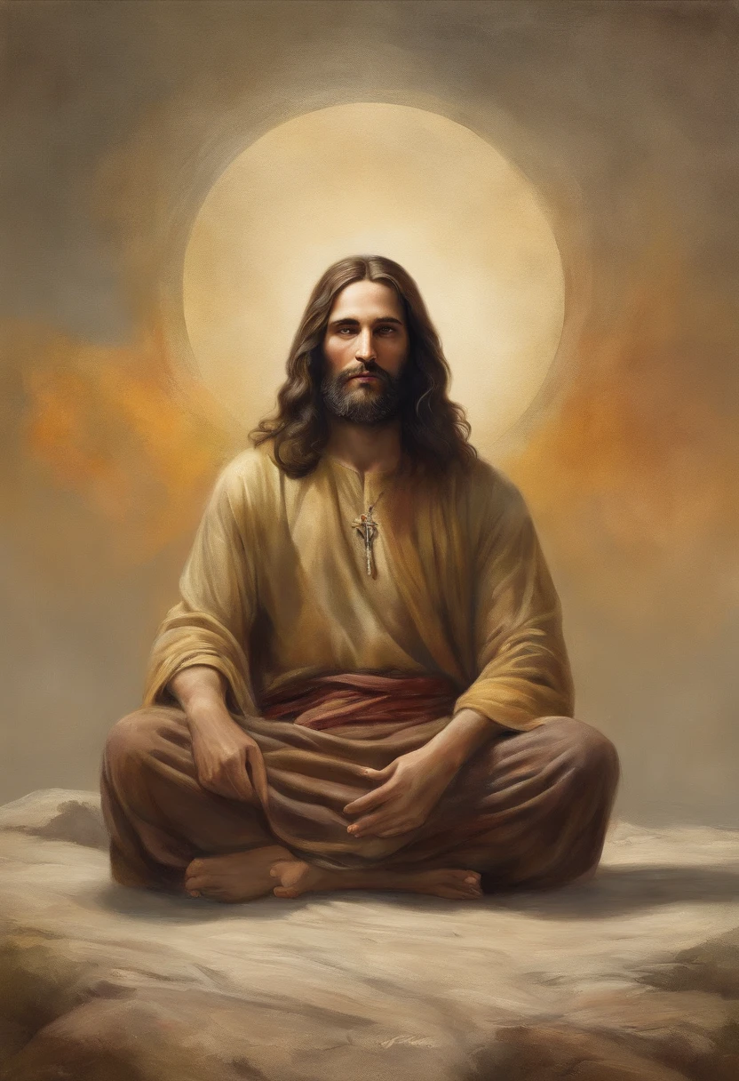 Jesus Cristo, sitting in a meditation position, diante de um orisonte lindo, com o sol se pondo, in connection with the divine, Foto retrato, Directed by: Drew Tucker, Directed by: Adam Marczyński, Directed by: Alexandre Kucharsky, Directed by: Gavin Nolan, Surrealismo 8K, Directed by: Jason Felix, Yuri Shwedoff e Tom Bagshaw, arte ilustrativa, Estilo Erik Johansson