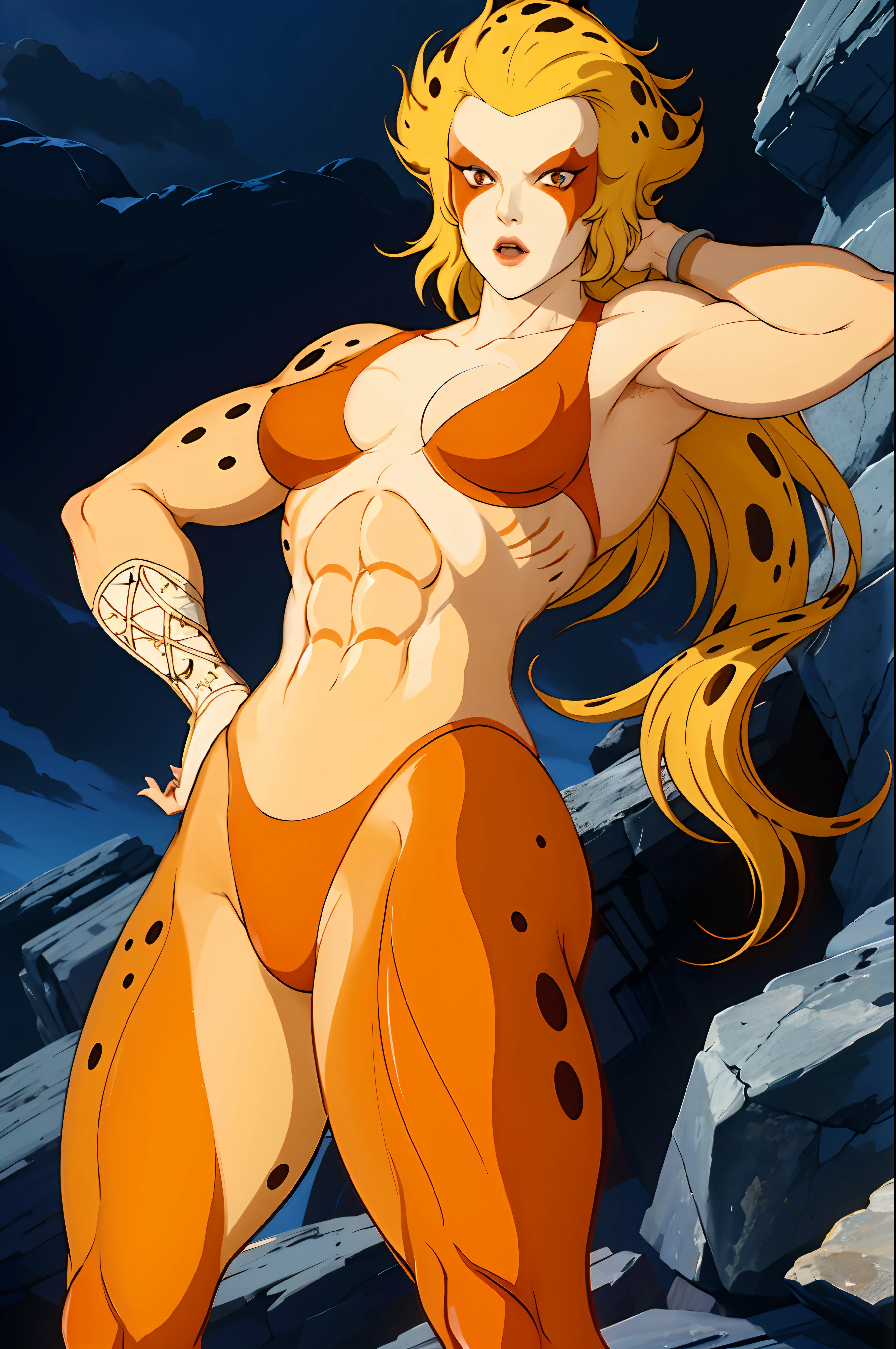 Cheetara, cute, 1girl, seductive, curvy, realistic, is beautifully rendered, intense color palette, dynamic lighting, fierce expression, muscular physique, athletic pose, fantasy setting, stylized rendering, glowing eyes, voluminous hair