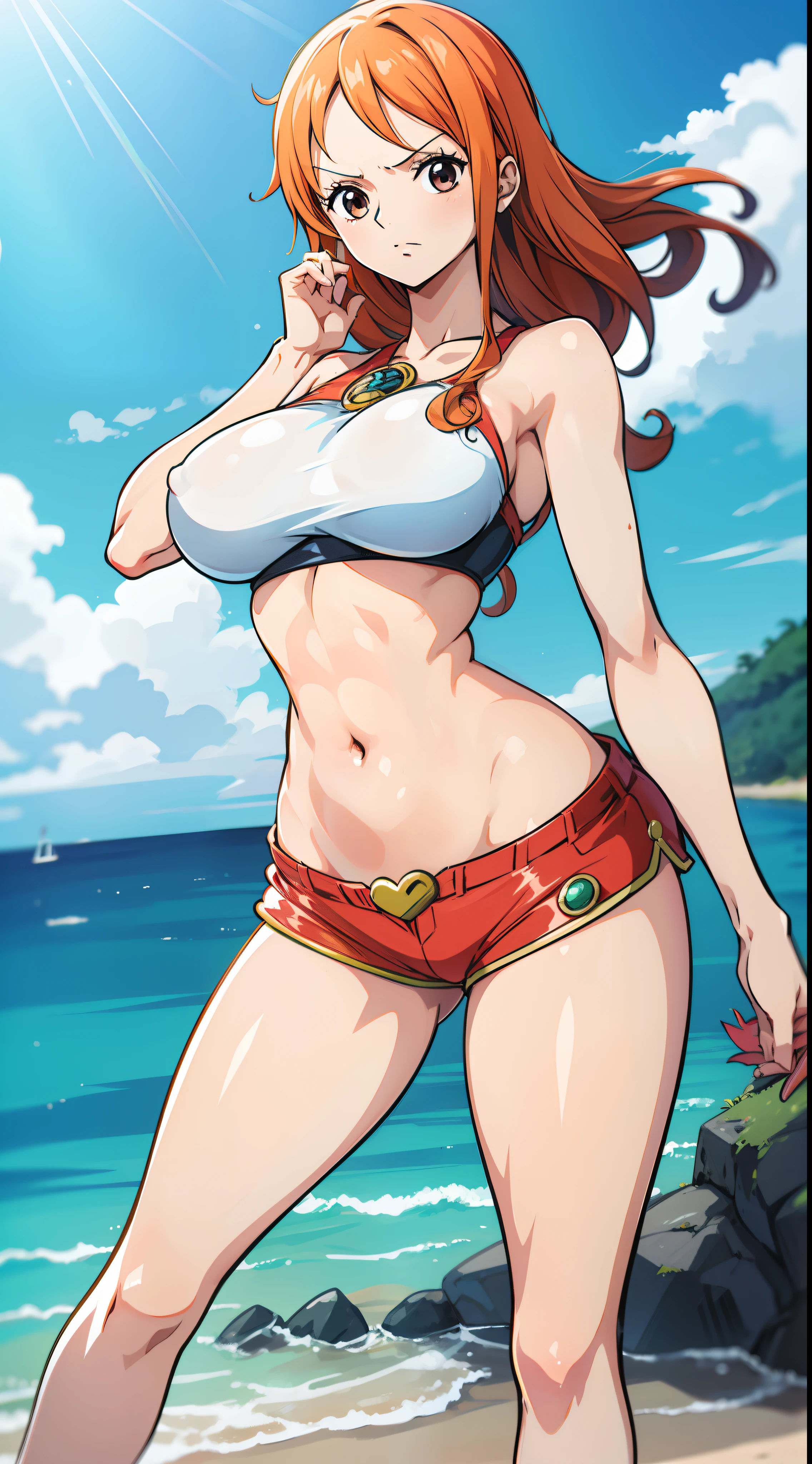 Gere uma imagem realista no estilo anime de Nami de One Piece.(mulher madura rosto maduro) (De corpo inteiro e shorts latex)  corpo musculoso e definido, mostrando a bunda , pose sexy, (na praia),Capture seu visual diferenciado com o cabelo laranja, Arremesso longo , corpo inteiro, Athletic curvilinear, mama grande, coxas,