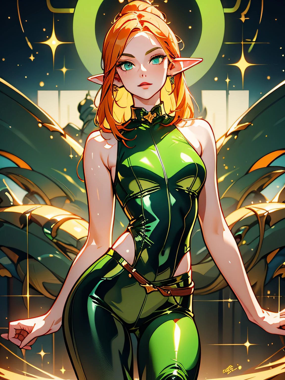 beautiful gorgeous female elf character, pale skin, long gold and orange ombre hair, sleeveless green bodice and tight leather pants, bright green eyes, high quality masterpiece, ultrasharp