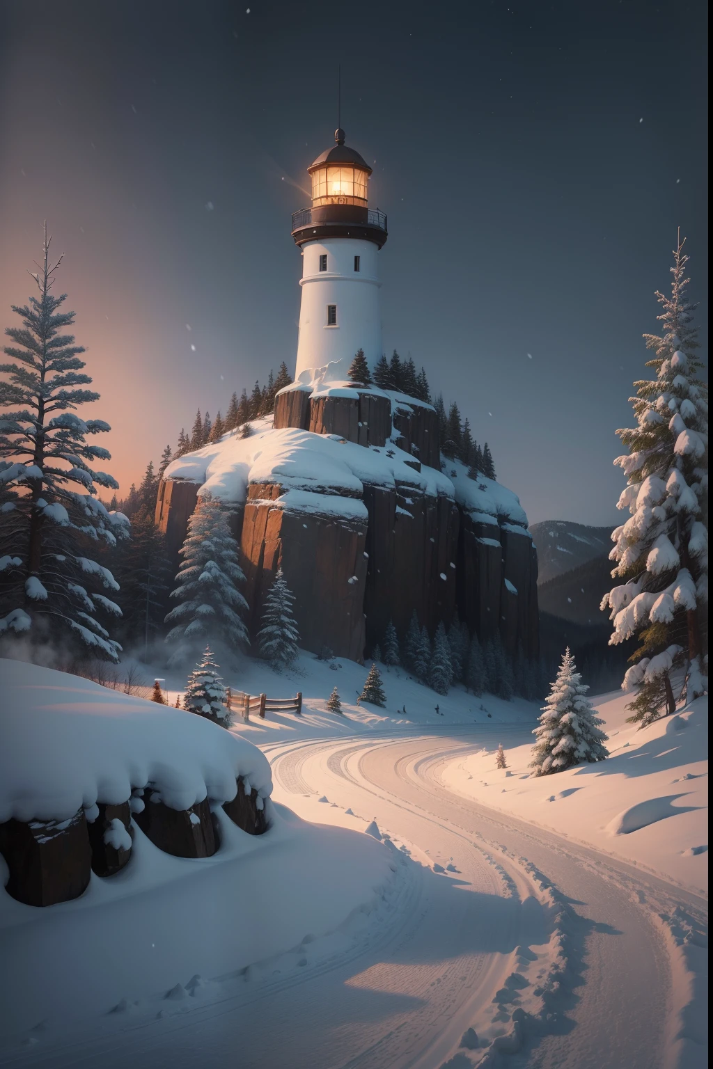 A painting of a winter landscape, pine trees, snow on ground, a big rock in snow, lighthouse, eerie night time light, dark sky.