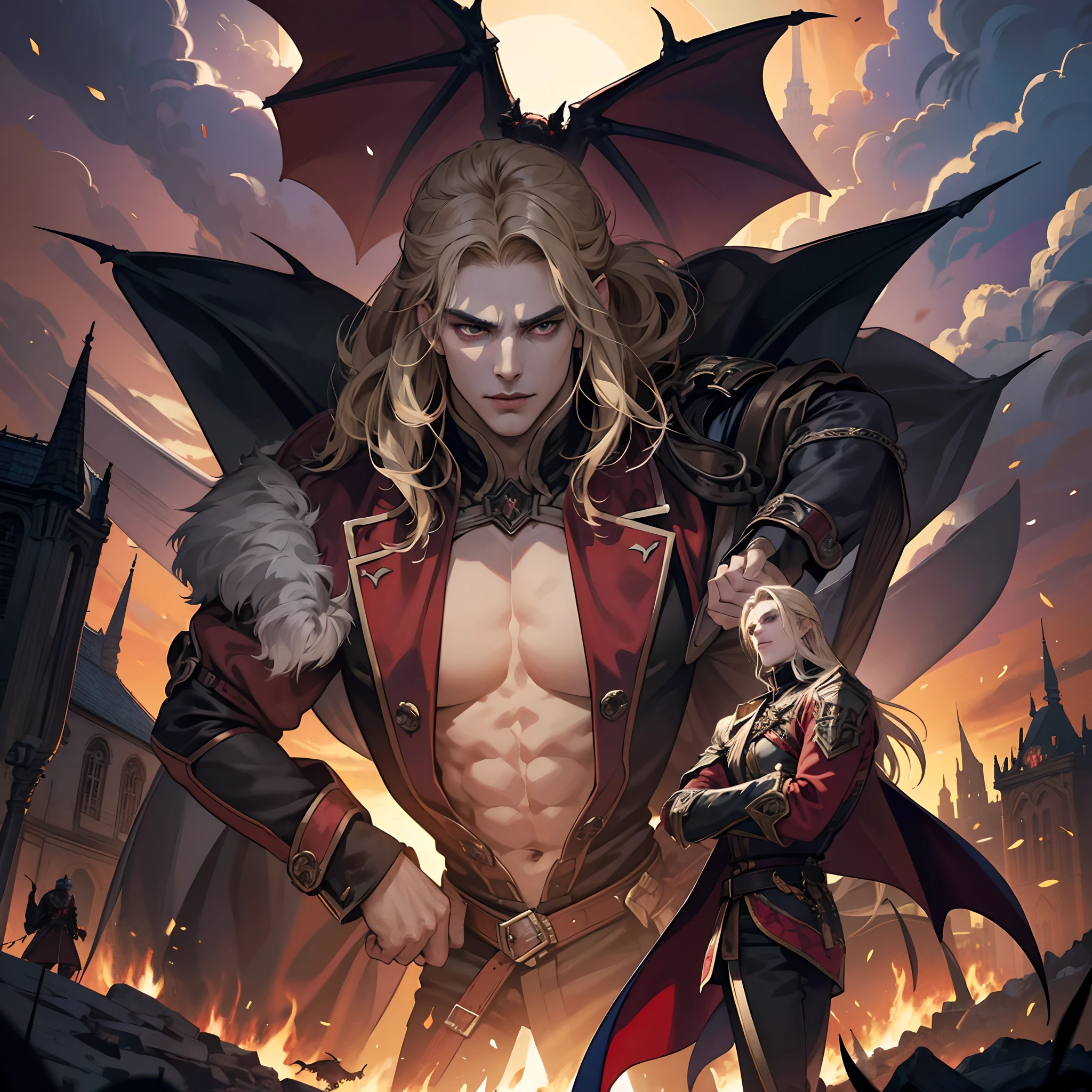Castlevania Shadow Lord handsome muscular Lord Dracula leading troops armed with demons to war hyper realistic super detailed Dynamic pose super detailed faces hyper realistic super detailed