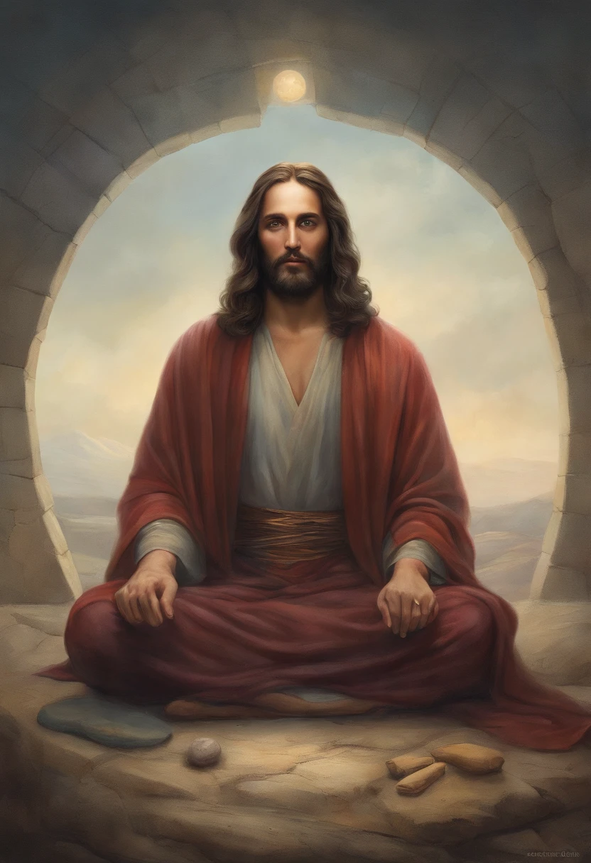 Jesus Cristo, sitting in a meditation position, diante de um orisonte lindo, com o sol se pondo, in connection with the divine, foto retrato, Directed by: Drew Tucker, Directed by: Adam Marczyński, Directed by: Alexandre Kucharsky, Directed by: Gavin Nolan, Surrealismo 8K, Directed by: Jason Felix, Yuri Shwedoff e Tom Bagshaw, arte ilustrativa, Estilo Erik Johansson