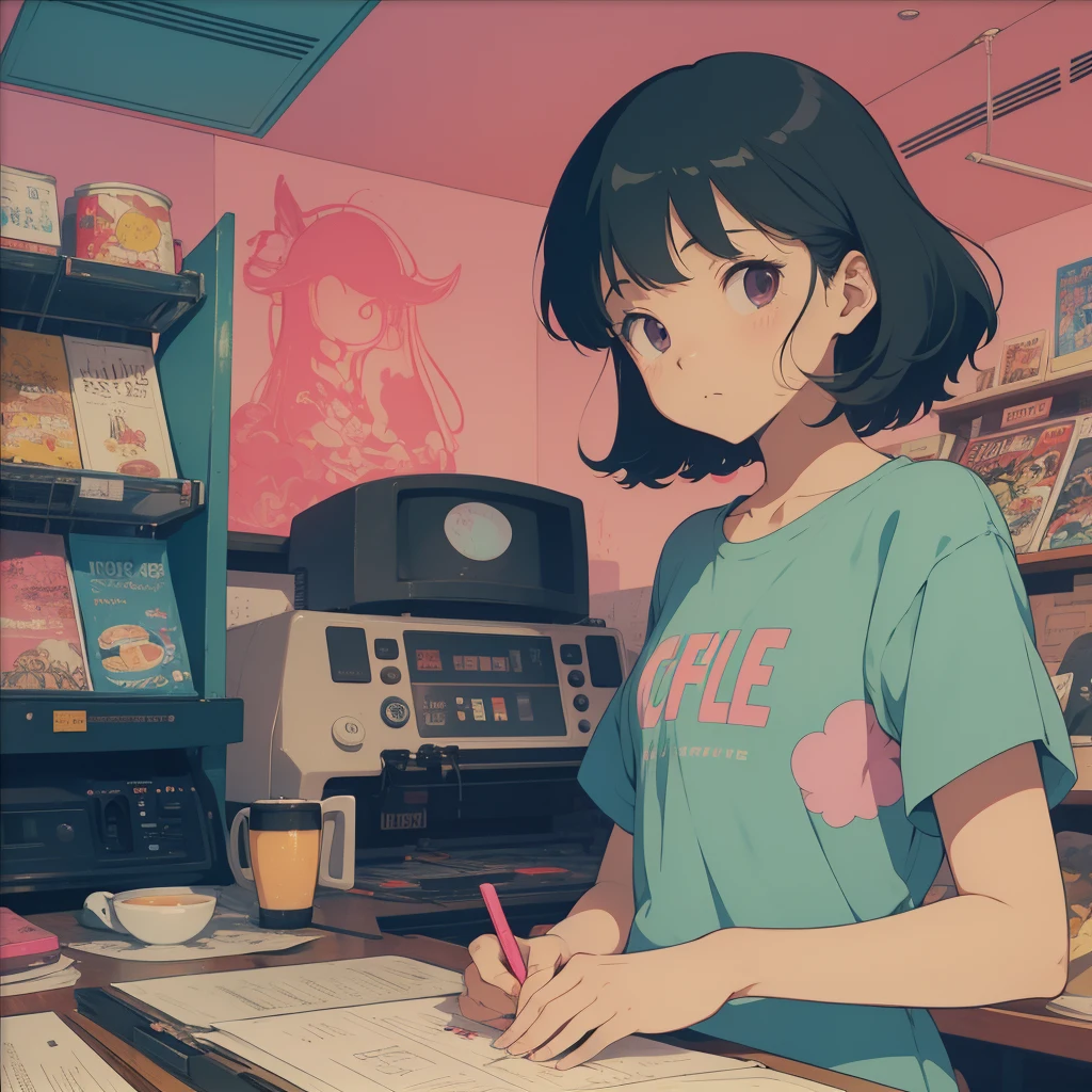 Lo-Fi(Lo-Fi),( Coffee Boutique, Shoppers, customer) ,It's raining outside, Analog Color Theme, Lo-Fi Hip Hop ,animesque,neons, Retroactive, flat, 2D , Kim Jung-jung / Kim Jung Gi, Simple Drawing, Simplifying line art, Ink Drawing, Large ink line, watercolor, Goauche Colors, Studio Ghibli Style, Awesome colorful, Outer Ton, Synthwave, lofi art,90s style,Old texture, pop art, lively, amplitude, 90s vibe, Vast technology,8K wallpaper