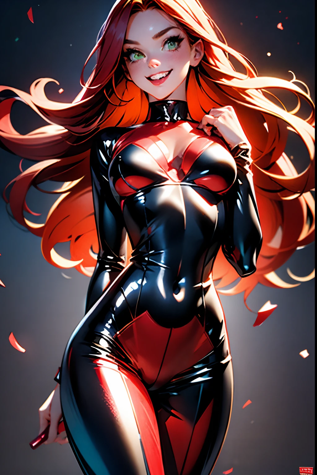 sexy beautiful, girl long red hair, green eyes, pale ivory skin, long crimson red hair, playful grin, wearing black and red skin tight superhero costume, jumpsuit, shiny vinyl, digital illustration