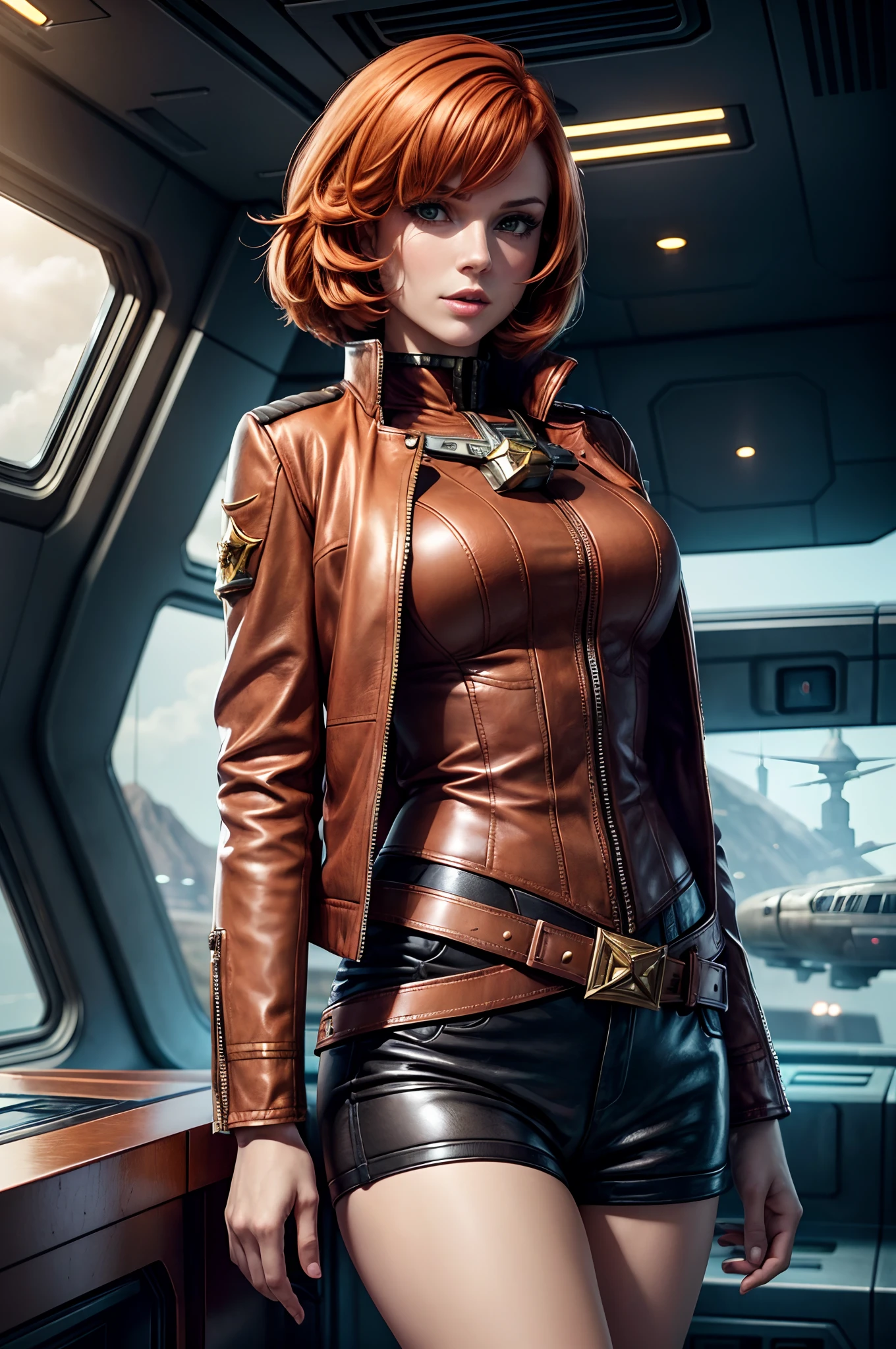 Classic Bob, copper hair, beautiful woman, starship captain, short jacket, cowboy shot, flirty, military bearing, standing, pirate, on a starship bridge, leather