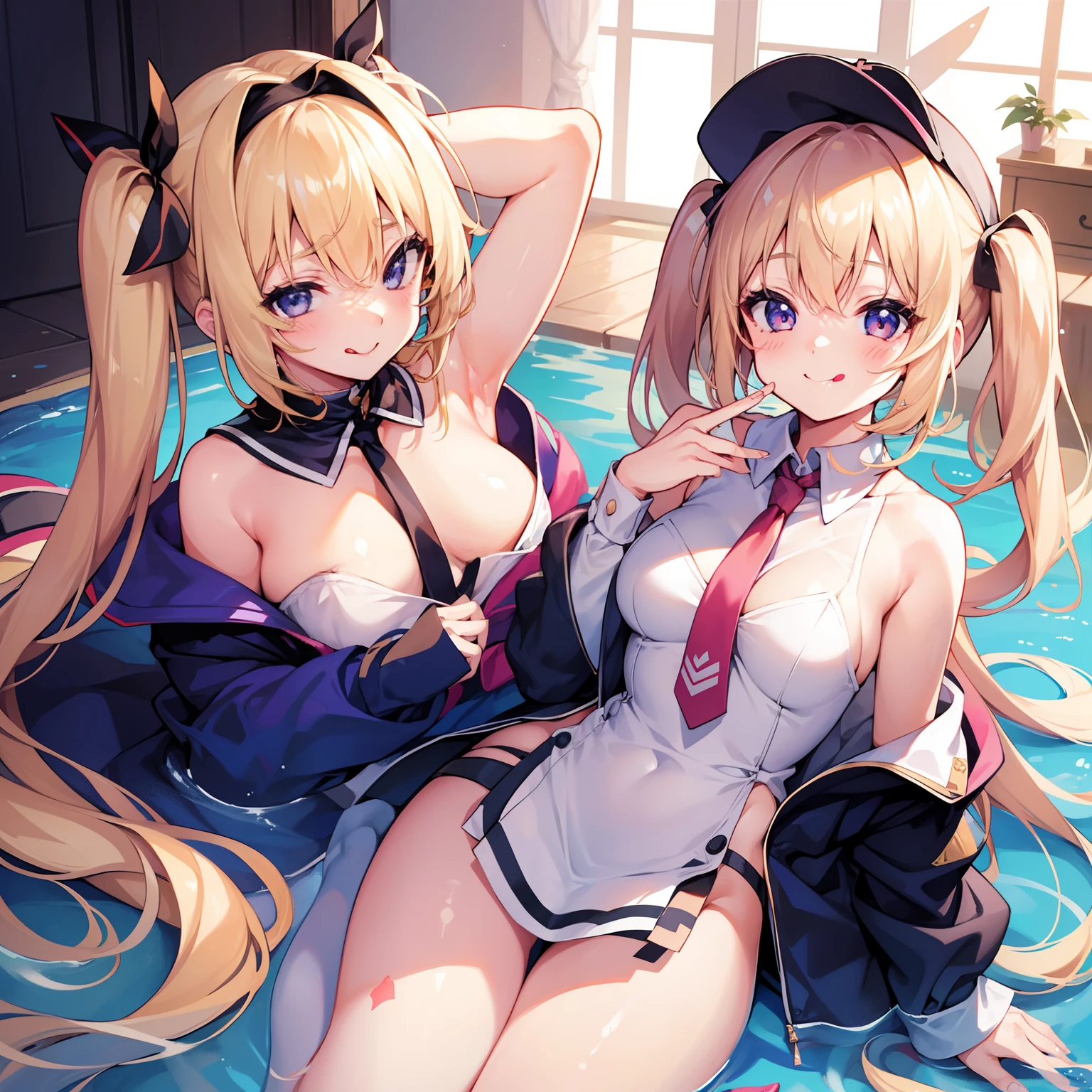 girl with、a beauty girl、a blond、Twin-tailed、Bruises、sano、a smile、winc、Tongue licking