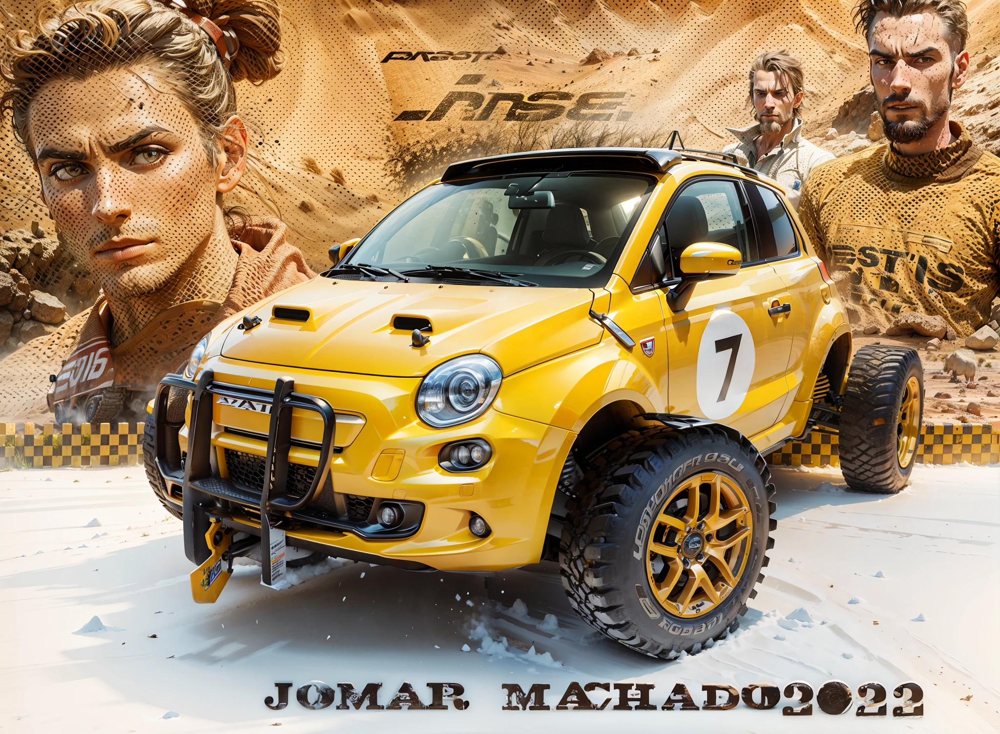 Fiat off road car in the foreground and a scene with drivers and audience in the background
