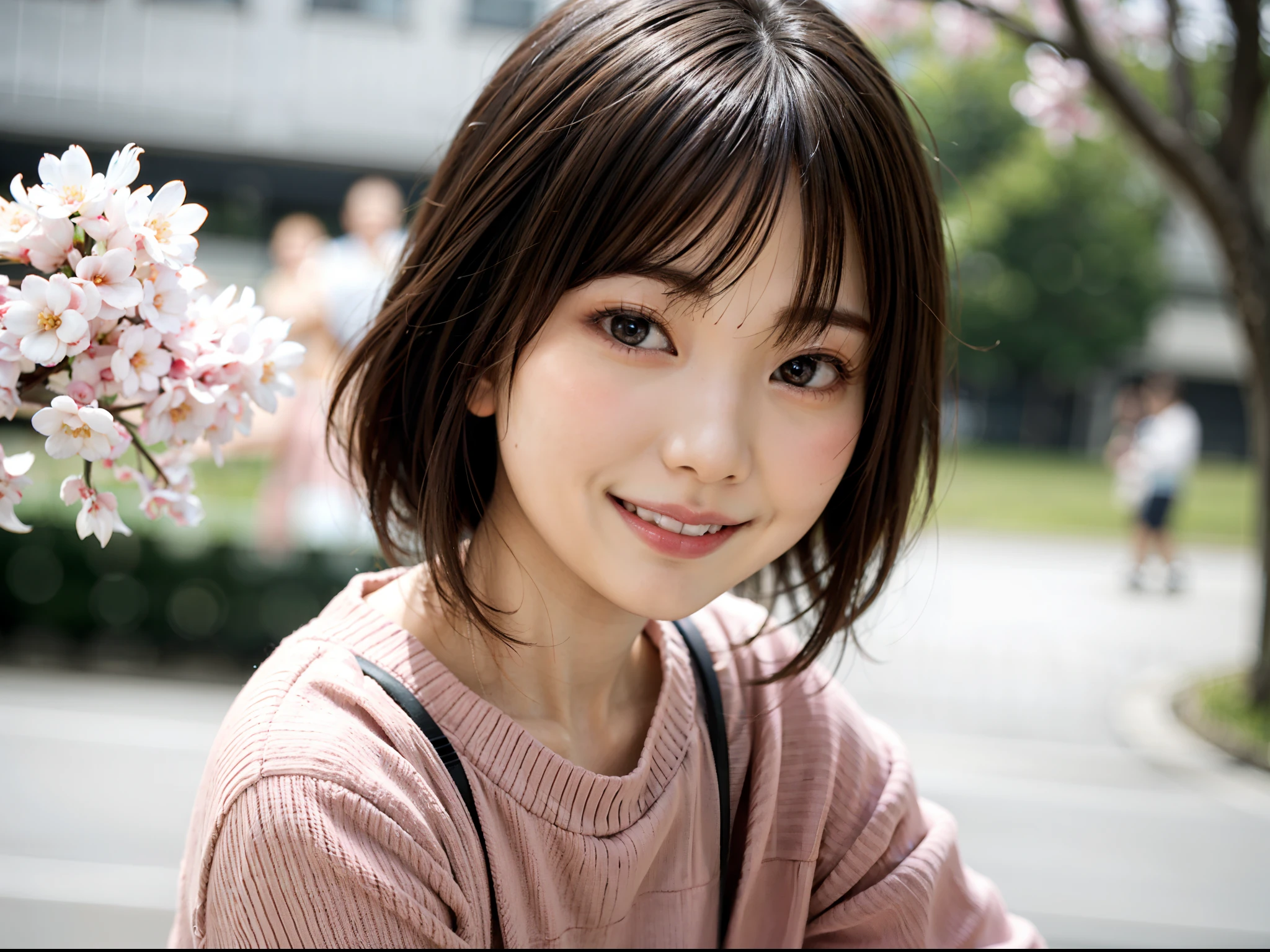 woman posing on cherry background, best quality, girl 1 asian, cute, cute face, textured skin, beautiful smile, bright, blurred background, dating, bokeh, outdoors, (street: 0.8), (people, crowd: 1), short hair 1.2, beautiful sky in detail, (dynamic pose: 1.2), (upper body: 0.8), soft lighting, wind, glossy skin, smile, cherry blossom, Beautiful fine eyes, (sweater: 1.1), (short hair: 1.2), floating hair Nova Frog style,