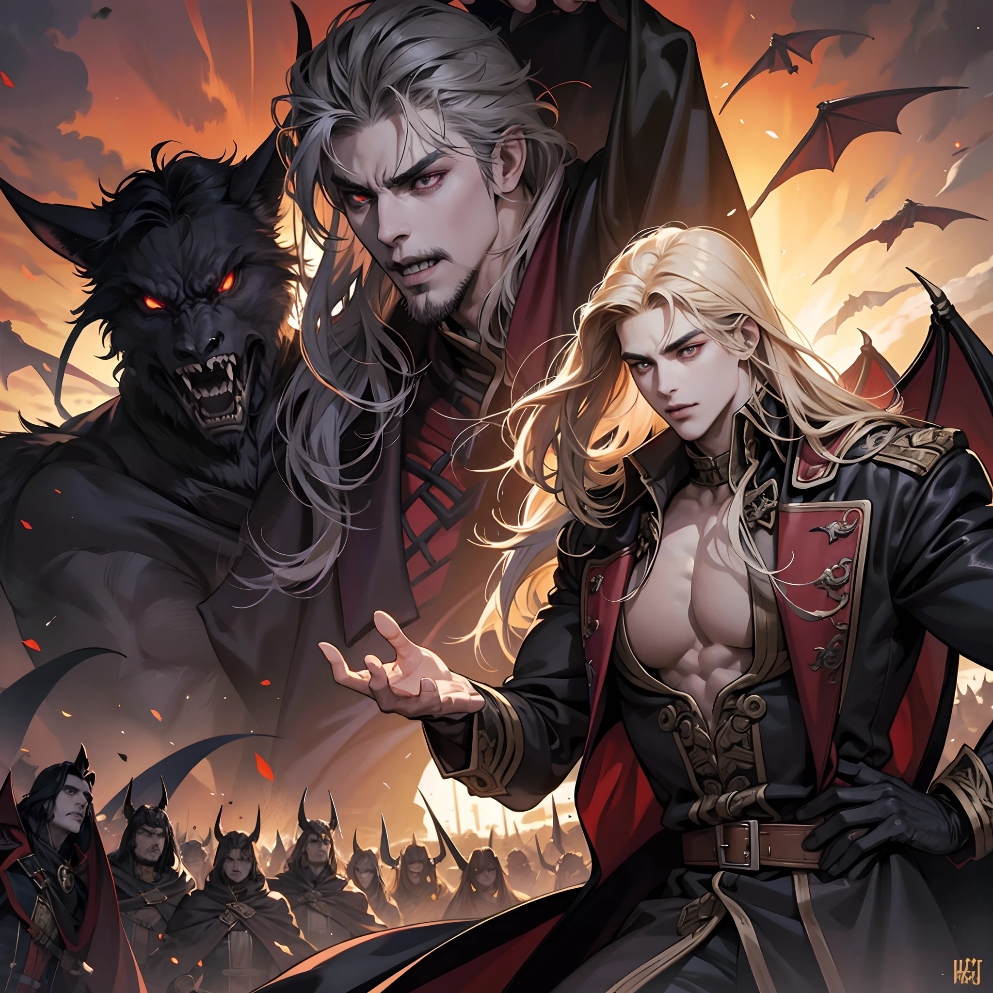 Castlevania Shadow Lord handsome muscular Lord Dracula leading troops armed with demons to war hyper realistic super detailed Dynamic pose super detailed faces hyper realistic super detailed