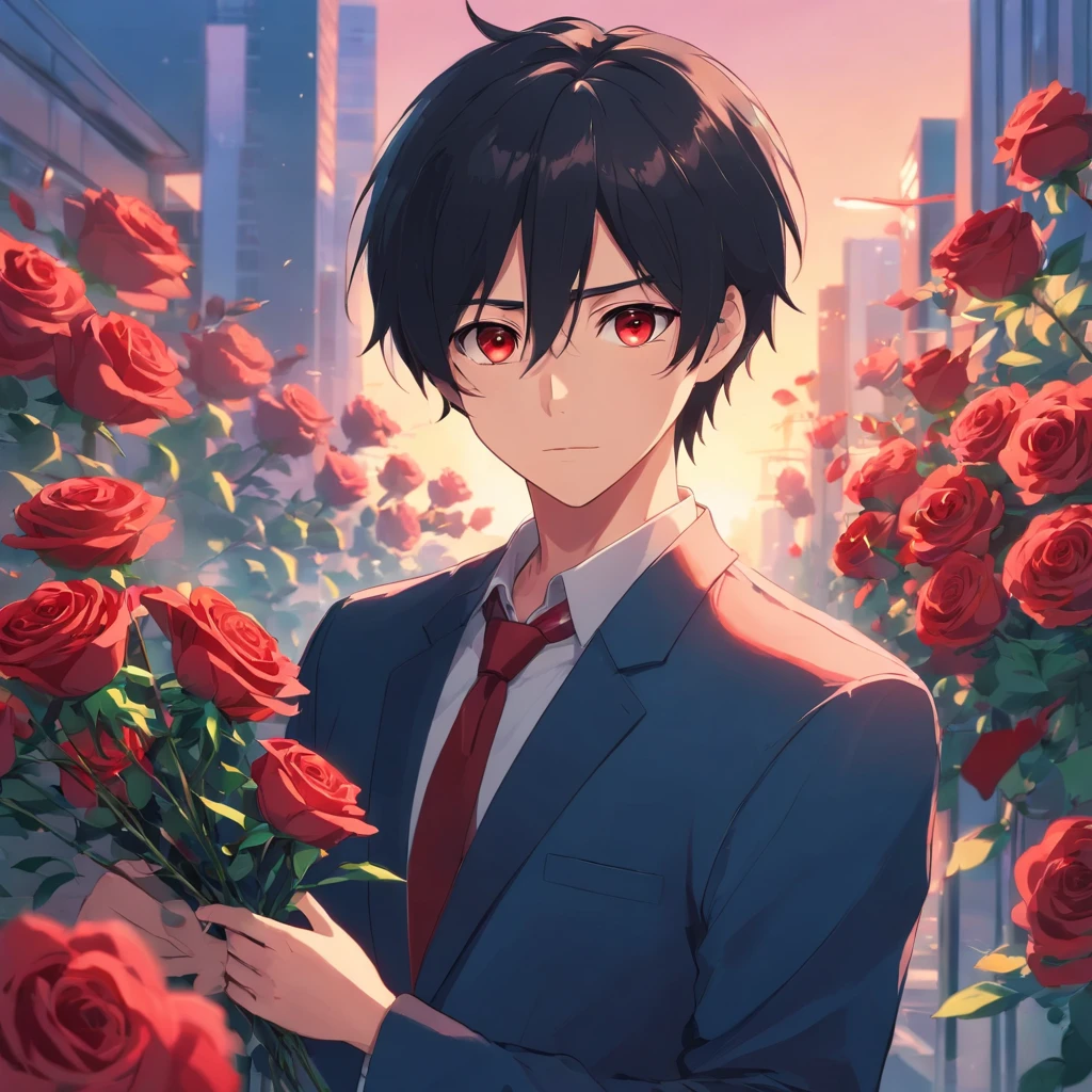 Black-haired, red-eyed "male" handsome guy,Holding roses,apologize