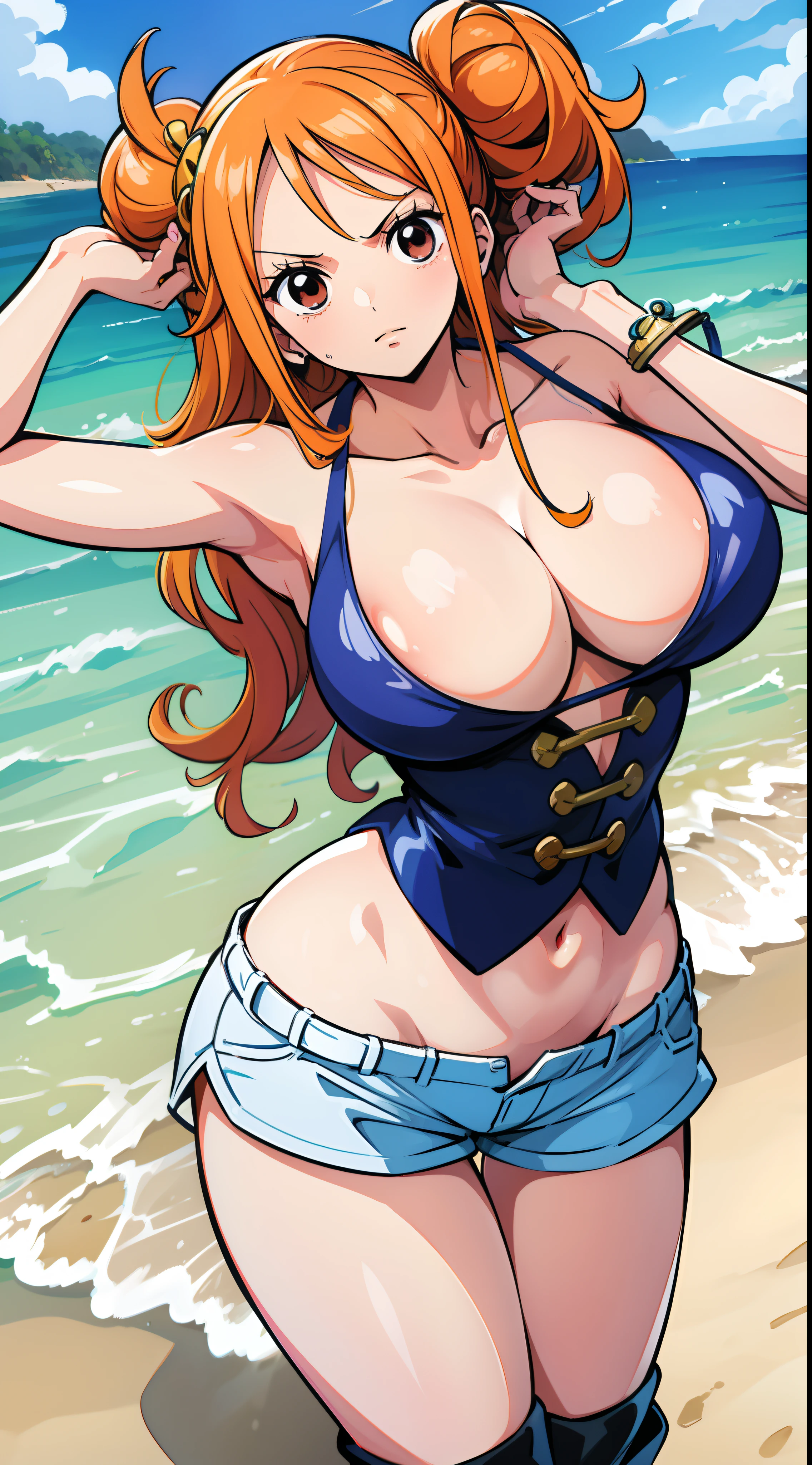 Gere uma imagem realista no estilo anime de Nami de One Piece.(mulher madura rosto maduro) (De corpo inteiro e shorts latex)  corpo musculoso e definido, mostrando a bunda , pose sexy, (na praia),Capture seu visual diferenciado com o cabelo laranja, Arremesso longo , corpo inteiro, Athletic curvilinear, mama grande, coxas,