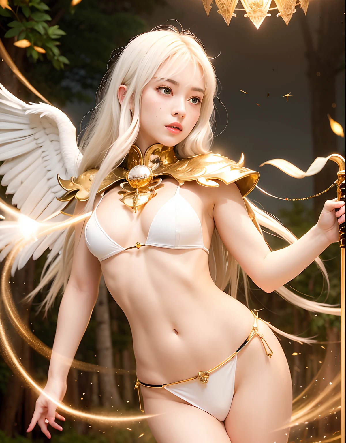 Professional , masterpiece、top-quality、photos realistic , depth of fields 、(White bikini armor)、(Particles of light)、Jewel Gold Weapon、Particles of light),Gorgeous gold weapons ,(( Gorgeous Dragon Sword)) , (White angel wings grow),(maikurobikini) 、((White hair))、(Castle background)、((Gangle's forest background))、Beautiful Caucasian beauty、1a person、dynamic ungle,(((A small ring of light floating overhead)))、Smaller head、Idle Smile、Thin and beautiful female hands、Mystical expression、Light Effects、intense fighting、Wind-effect、magic circles、(White angel wings grow)、