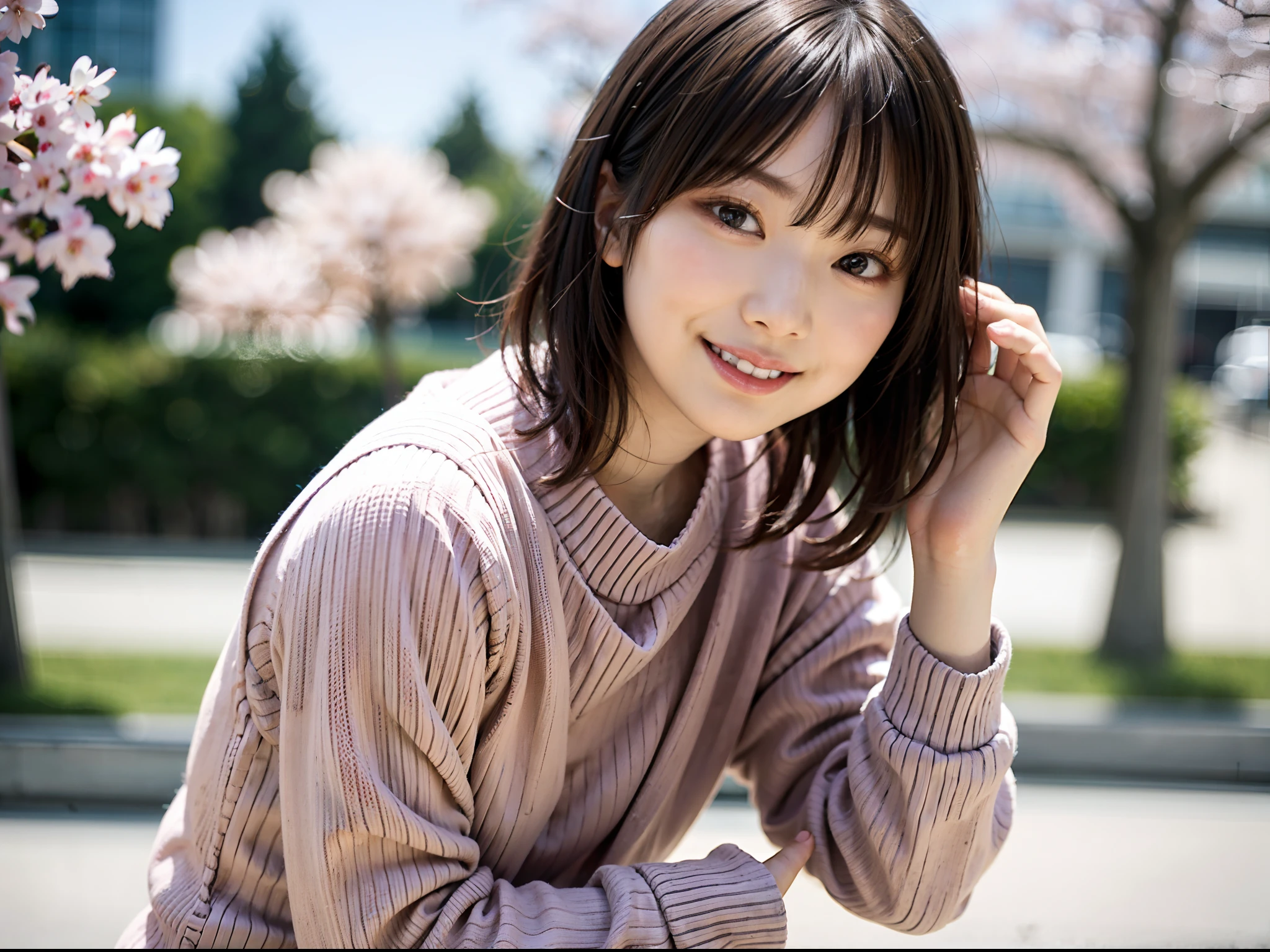 woman posing on cherry background, best quality, girl 1 asian, cute, cute face, textured skin, beautiful smile, bright, blurred background, dating, bokeh, outdoors, (street: 0.8), (people, crowd: 1), short hair 1.2, beautiful sky in detail, (dynamic pose: 1.2), (upper body: 0.8), soft lighting, wind, glossy skin, smile, cherry blossom, Beautiful fine eyes, (sweater: 1.1), (short hair: 1.2), floating hair Nova Frog style,