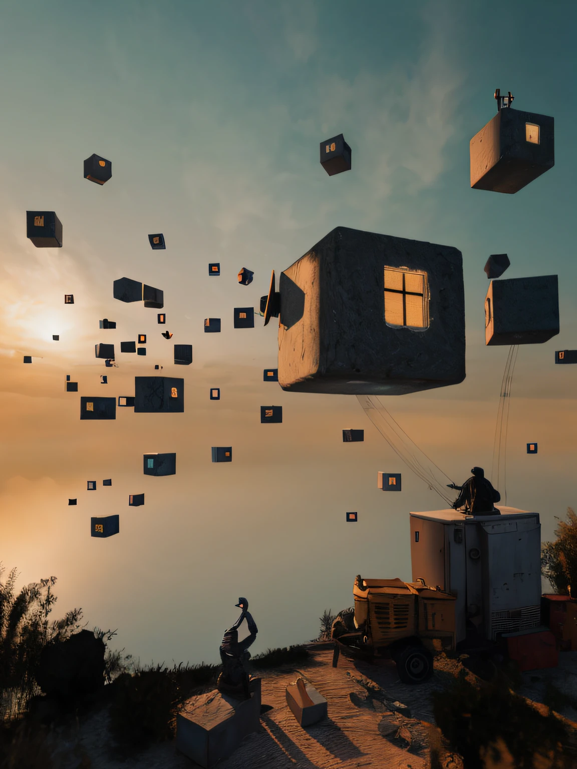 there are many cubes floating in the sky with a man standing on a hill, surreal 3 d render, erik johansson style, surrealism 8k, surreal scene, in the art style of filip hodas, highly detailed surreal vfx, 3 d render beeple, surreal composition, rendered in octane render, beeple. octane render, created in octane render