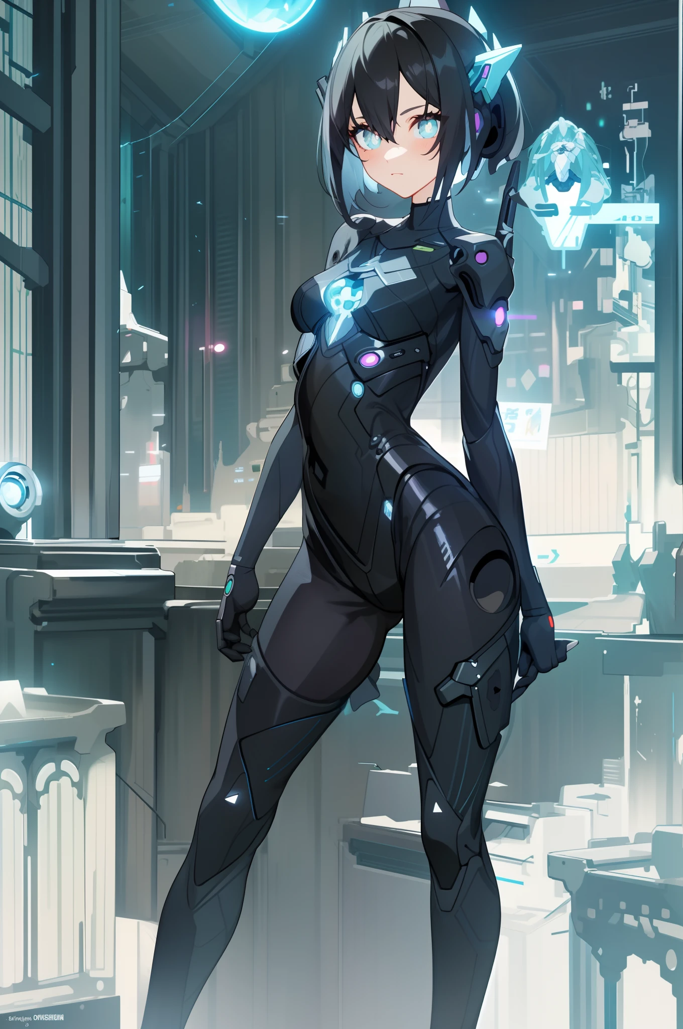 Close-up of a woman dressed in black posing in a room, android heroine, perfect android girl, an oppai cyberpunk, cybersuit, cyberpunk anime girl, female cyberpunk anime girl, cyberpunk anime girl mech, cyber suit, cyber suit, anime cyberpunk art, Extremely detailed Artgerm, Cute cyborg girl, cyborg merchant girl, IG model | Art germ