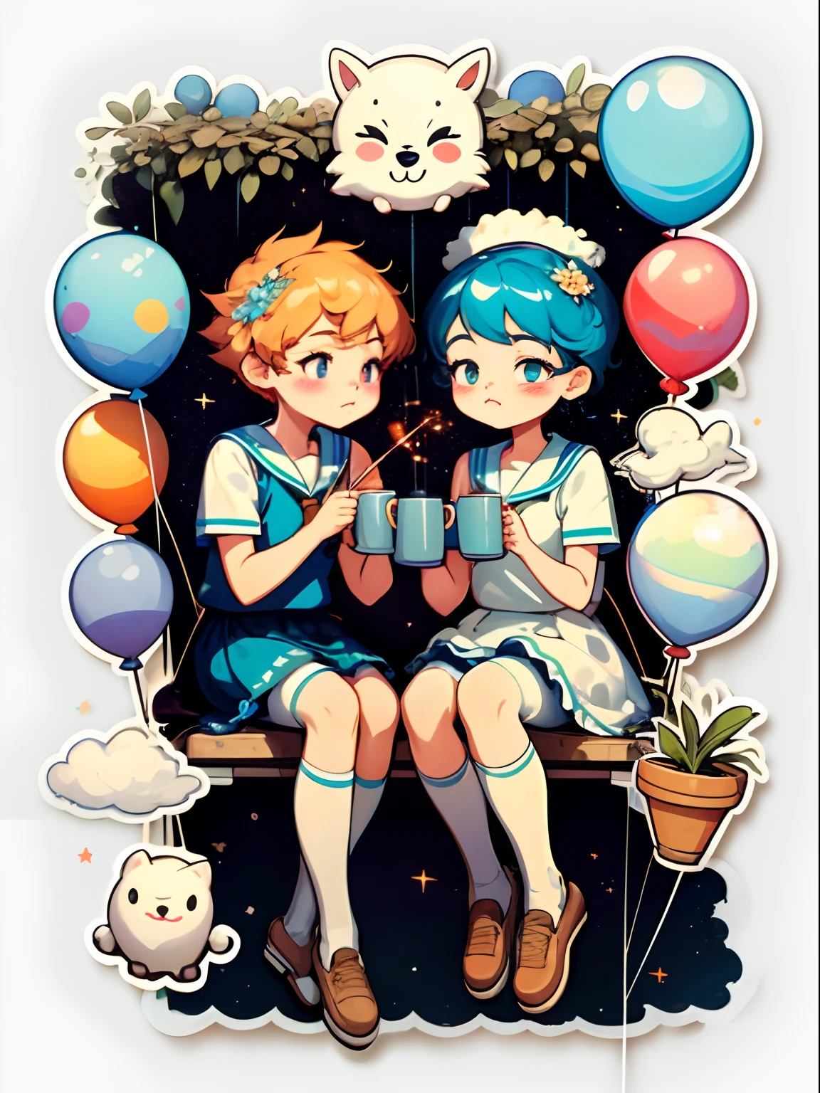 1 sticker，Handbook，（sticker sheet，1boy and 1girl，weddingdress，vests，See-through installation，Maid outfit，JK school uniform，sailor suits，ta style，A barefoot，roller skates，Ruffled socks，Wet pantyhose，Lace wreath on the legs，garter belts，Cross legs，Stand，[Boo gesture]，Put your hand to your mouth，dynamic angle，Facing the viewer，Lifting skirt，Adjust over-the-knee socks，stooping，Holding a mug，Hold the cheeks，Pinch your hair，autumnal，skies，As estrelas，meteor shower，rainbowing，falls，rice paddies，cliffs，flowerfield，playground，water fountain，Temple，exploding，Magic ring，colored glass，steamy，Star Angel，Starry Sky Law，masterece-piece，high detailes，Medium shot，exquisite facial features，Perfect face，Glowing skin
Wait to start Bouquet in hand，Salute，sparklers，balloons，Champagne）， water colour，white backdrop， simple background， smallest， Cutes， Small， color pastel， Vector styles， no gradient,seperate all character one by one