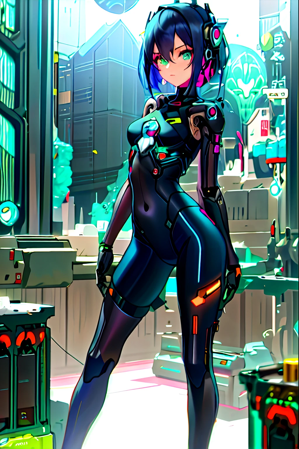 Close-up of a woman dressed in black posing in a room, android heroine, perfect android girl, an oppai cyberpunk, cybersuit, cyberpunk anime girl, female cyberpunk anime girl, cyberpunk anime girl mech, cyber suit, cyber suit, Extremely detailed Artgerm, anime cyberpunk art, Cute cyborg girl, cyborg merchant girl, IG model | Art germ