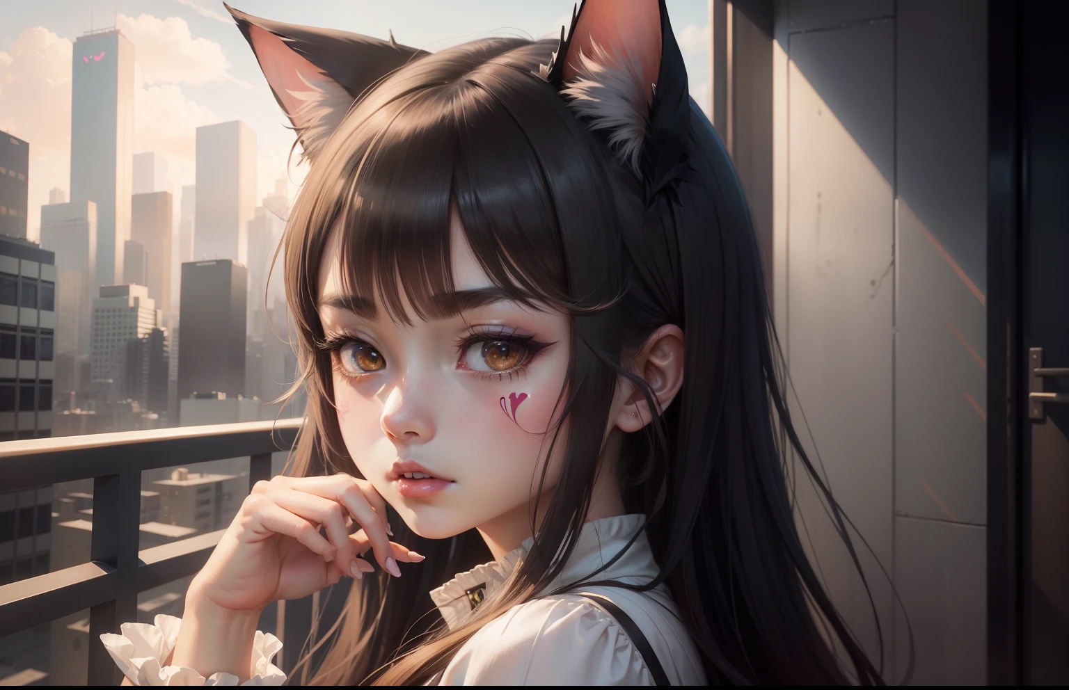 anime girl, looks into the distance, thinking, Sateen, The city, Tall skyscrapers, balcony, Cat's ears, Heart tattoo on cheek under the eye, The palm covers the floor of the face