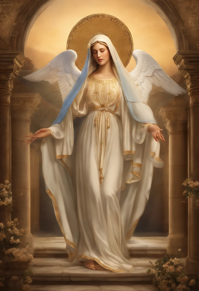 (Holy virgin mary of carmel))) Masterpiece, (Best quality: 1.2), (Super fine: 1.2), Illustration, (Extremely delicate and beautiful: 1.2), Film angle, Floating, (Beautiful detail eye: 1.1), (Detail Light: 1.1), Film lights, Delicate sky, Blue eyes, (High ponytail: 1.1), Layer, Bright eyes, Starry sky, (Light particles: 1.1) drawing, blossom. (masterpiece), (best quality), (photorealistic:1.3), 8k, detailed skin texture, detailed cloth texture, beautiful detailed face, intricate details, ultra detailed (full-length body:1.2)
