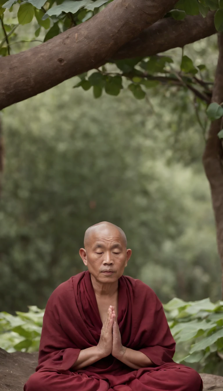 An old monk sits on a large rock，Extremely old monk，（Pray in a lotus pose），Buddhist monk meditation, On the road to enlightenment, Man has a deep connection with God, Zen meditation,brown robe，(Rear view)，from back，After the solution，Big light，Buddhism，Beautiful image，epic cinematic shot，8K，