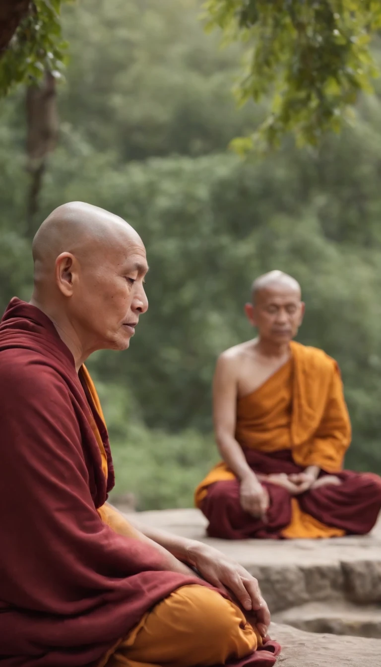 An old monk sits on a large rock,Extremely old monk,(Pray in a lotus pose),Buddhist monk meditation, On the road to enlightenment, Man has a deep connection with God, Zen meditation,brown robe,(Rear view),from back,After the solution,Big light,Buddhism,Beautiful image,epic cinematic shot,8K,