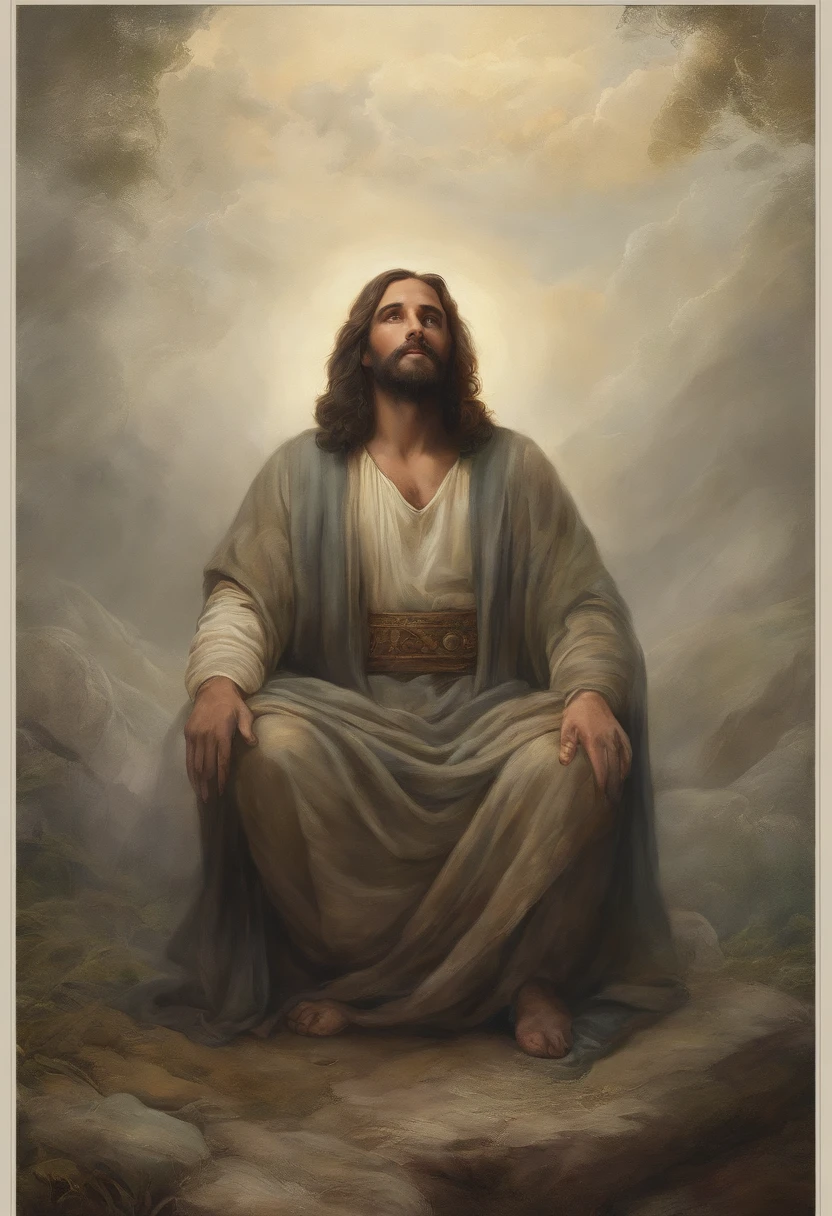 Jesus Cristo, kneeling praying to the heavens, diante de um orisonte lindo, com o sol se pondo, in connection with the divine, foto retrato, Directed by: Drew Tucker, Directed by: Adam Marczyński, Directed by: Alexandre Kucharsky, Directed by: Gavin Nolan, Surrealismo 8K, Directed by: Jason Felix, Yuri Shwedoff e Tom Bagshaw, arte ilustrativa, Estilo Erik Johansson