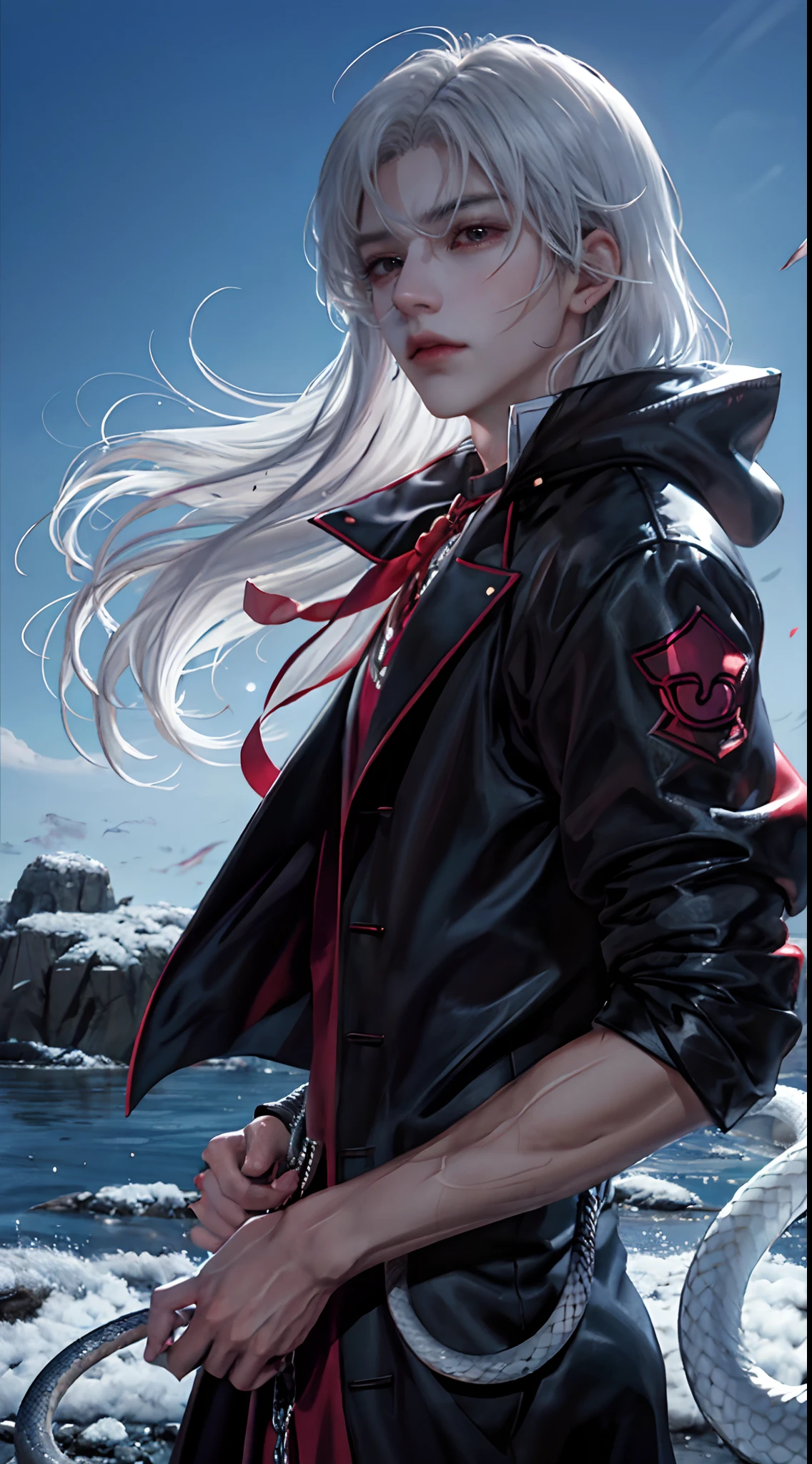 whaite hair,male people,style of anime,The expression is cold,White Snake,It was very windy,magia