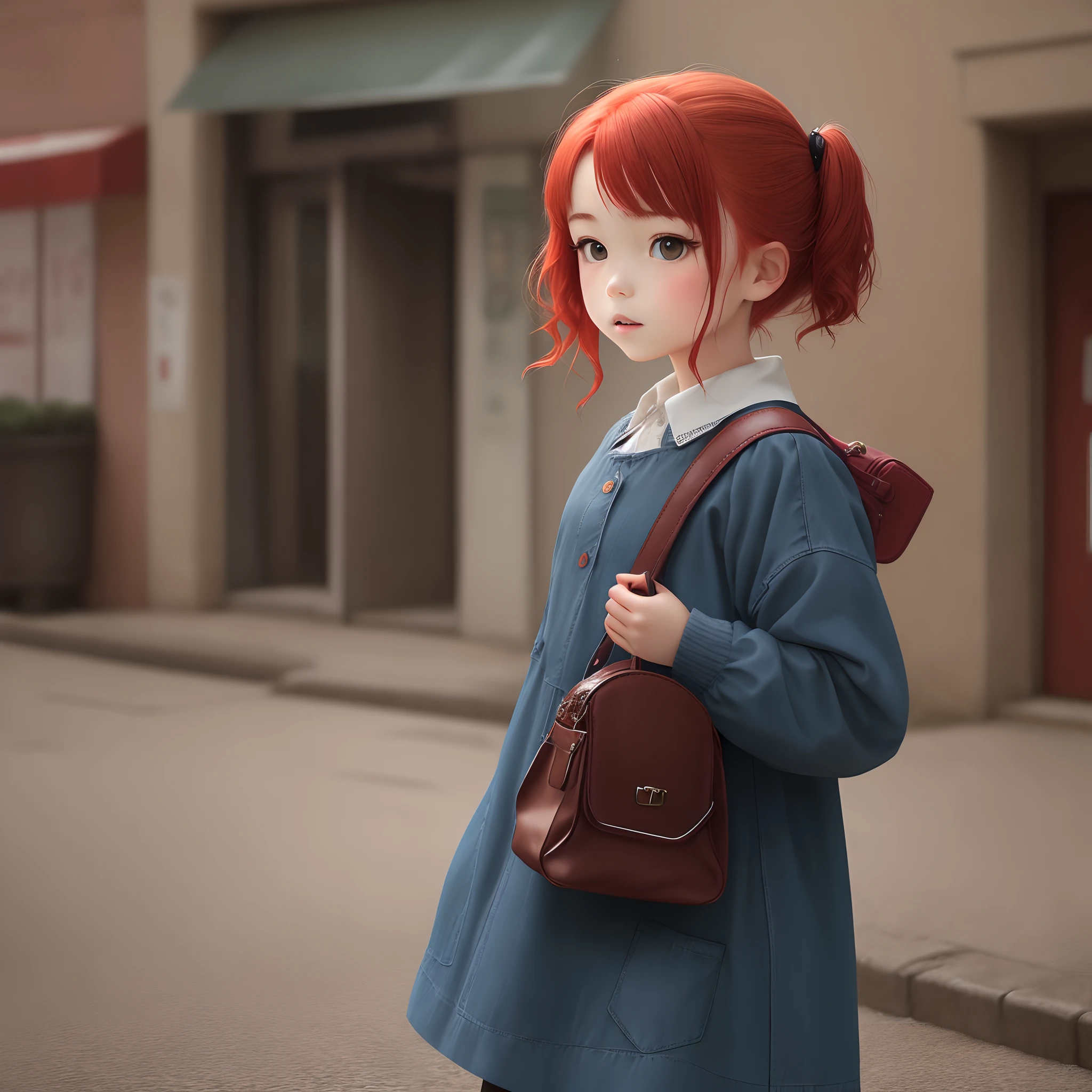 A cut young girl with red hair and a bag
