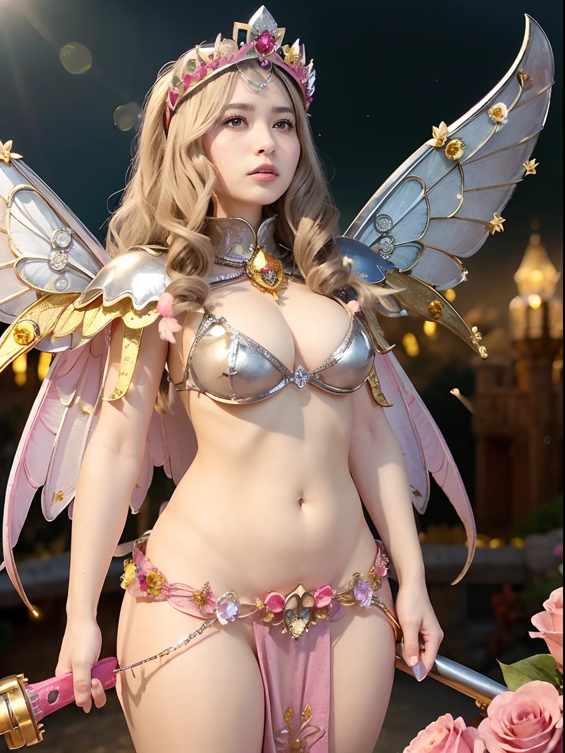 (（Floral Micro Bikini）), Professional , ​masterpiece、top-quality、photos realistic , depth of fields （Gemstone Flower Metal Body:1.4),(Matte Silver Pink、Jewel Gold Weapon、（Gorgeous castle background）、（ultimate beauty girl）、（Flower rainbow fairy wings grow）、（Jewel Flower Metal Body:1.９),Gorgeous Jewel Metal Weapons , Detailed Sword of the Brave ,（ a blond）   ,warhammer 40k ,(（Floral Micro Bikini）)、Particles of light、（Beautiful flower garden background）、 adepta sororitas,Detail and ornate jewel crown、独奏、Brown hair、（Gangle's forest background）、Beautiful Caucasian beauty、１a person、dynamic ungle,(((Diamond tiara with detail and luxury)))、a small face、Powerful poses、（Gorgeous castle background）、huge filesize、20 year old beautiful woman、Thin female fingers、Straight long hair、Beautiful Caucasian beauty、Valley、Fairy of Light、Particles of light、