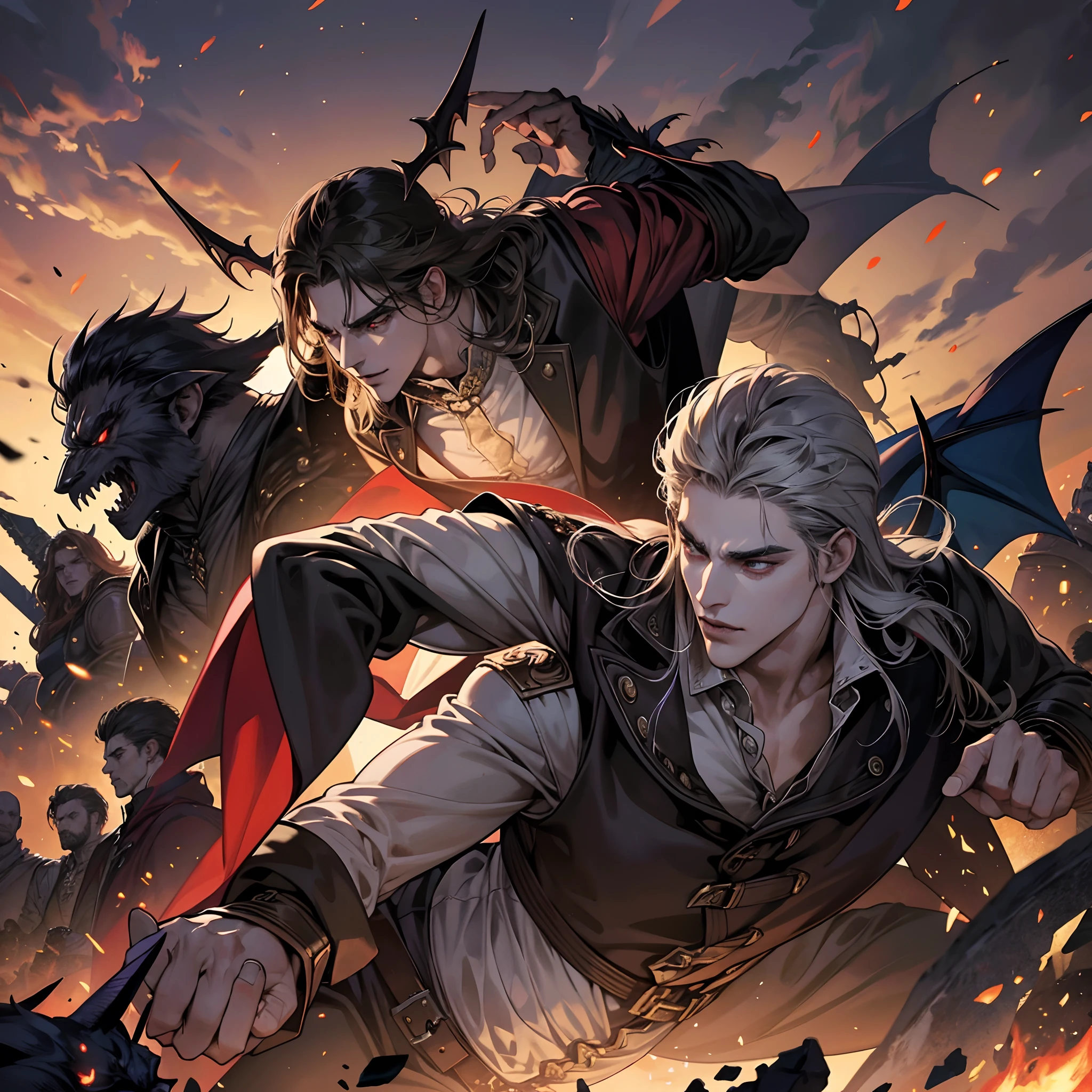 Castlevania Shadow Lord handsome muscular Lord Dracula leading troops armed with demons to war hyper realistic super detailed Dynamic pose super detailed faces hyper realistic super detailed