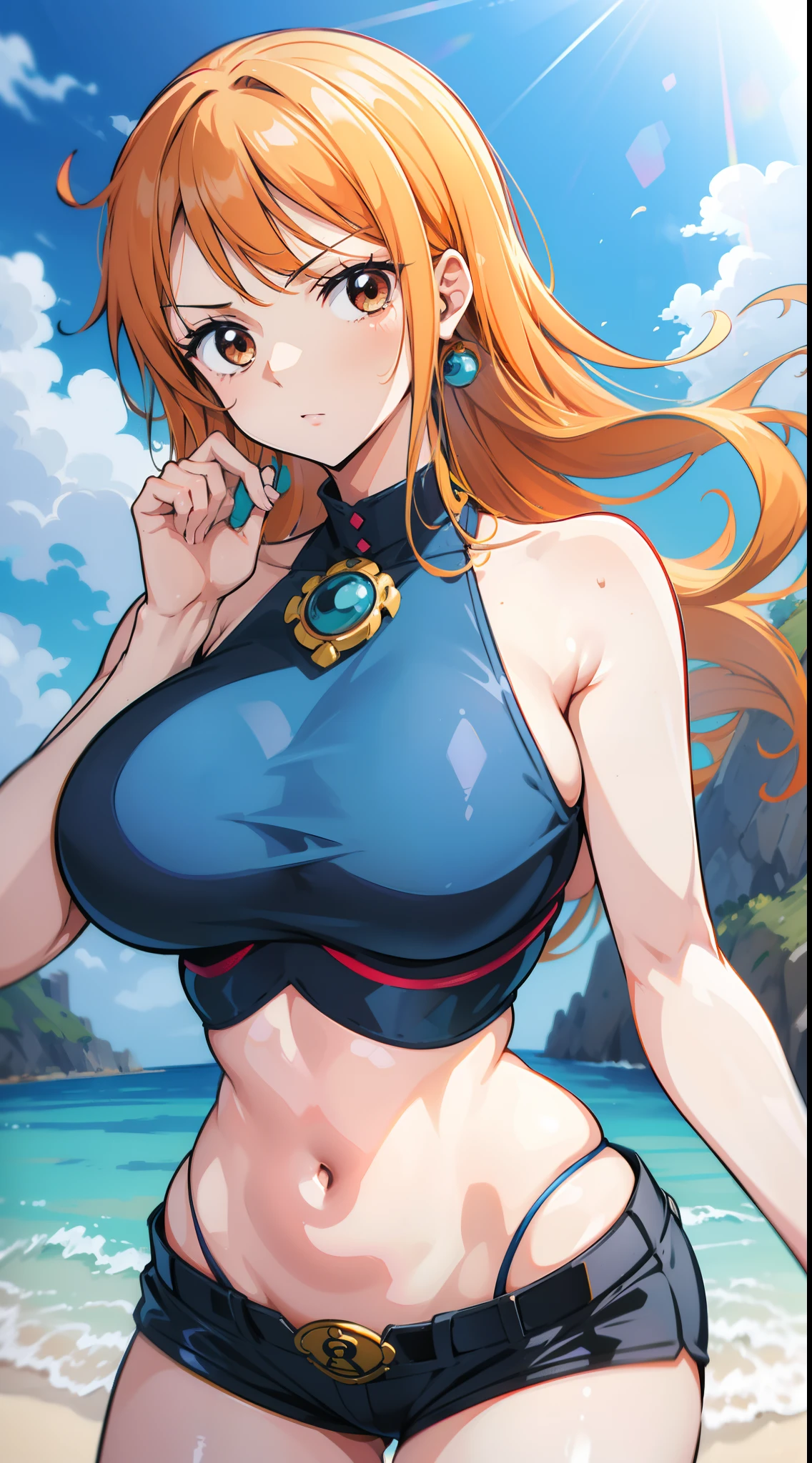 Gere uma imagem realista no estilo anime de Nami de One Piece.(mulher madura rosto maduro)  grande tecote, (De corpo inteiro e shorts latex)  corpo musculoso e definido, mostrando a bunda , pose sexy, (na praia),Capture seu visual diferenciado com o cabelo laranja, Arremesso longo , corpo inteiro, Athletic curvilinear, mama grande, coxas,