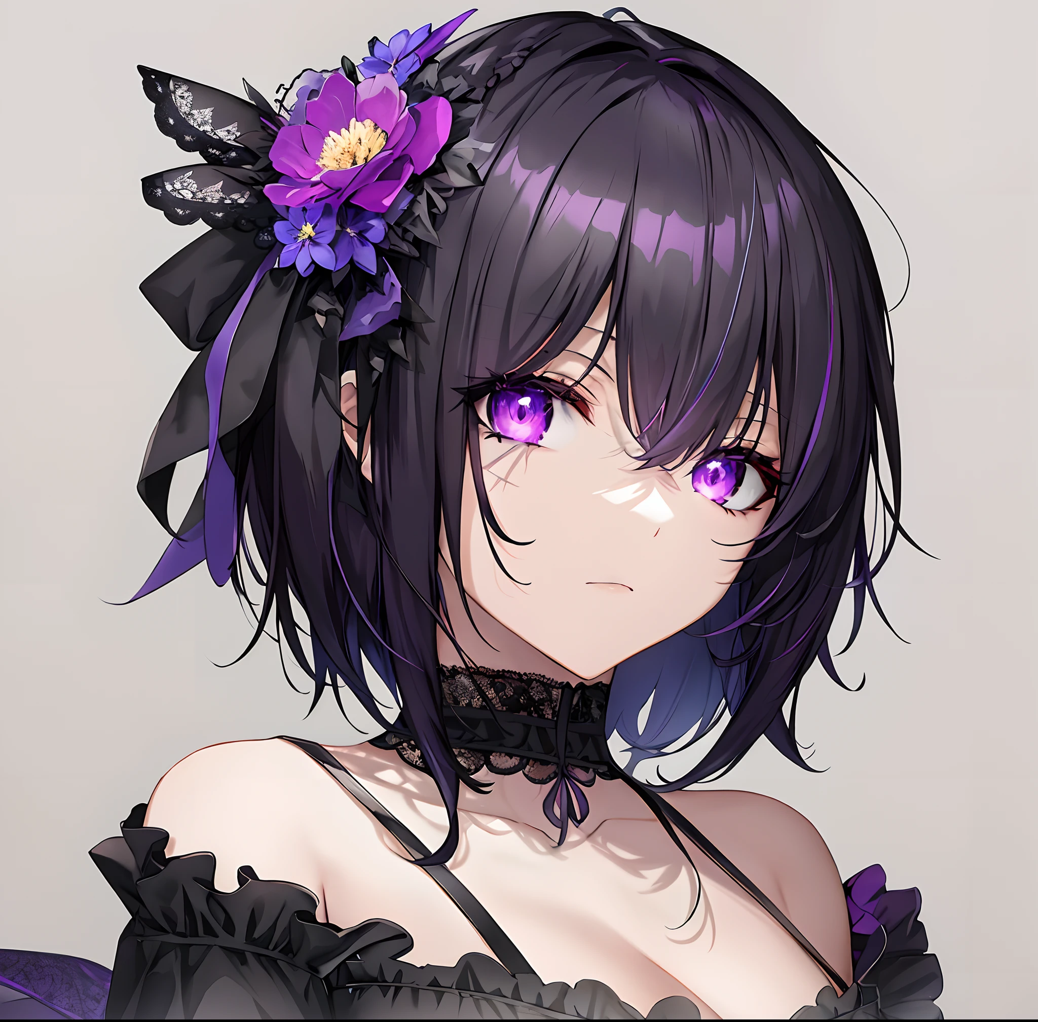 anime girl, purple eyes, strong colors, strong color, black eye iris, cat eye iris, very detailed eyes, black hair, short hair, detailed light, dynamic light, purple light on hair, black dress, dated anime artstyle, goth girl, grimdark, anime style portrait, gothic maiden anime girl, bra strap, black bra strap, cleavage, small breasts, looking at viewer, flower on hair, purple flower, bow on hair, black bow, neutral expression, closed mouth, lace choker, black lace choker
