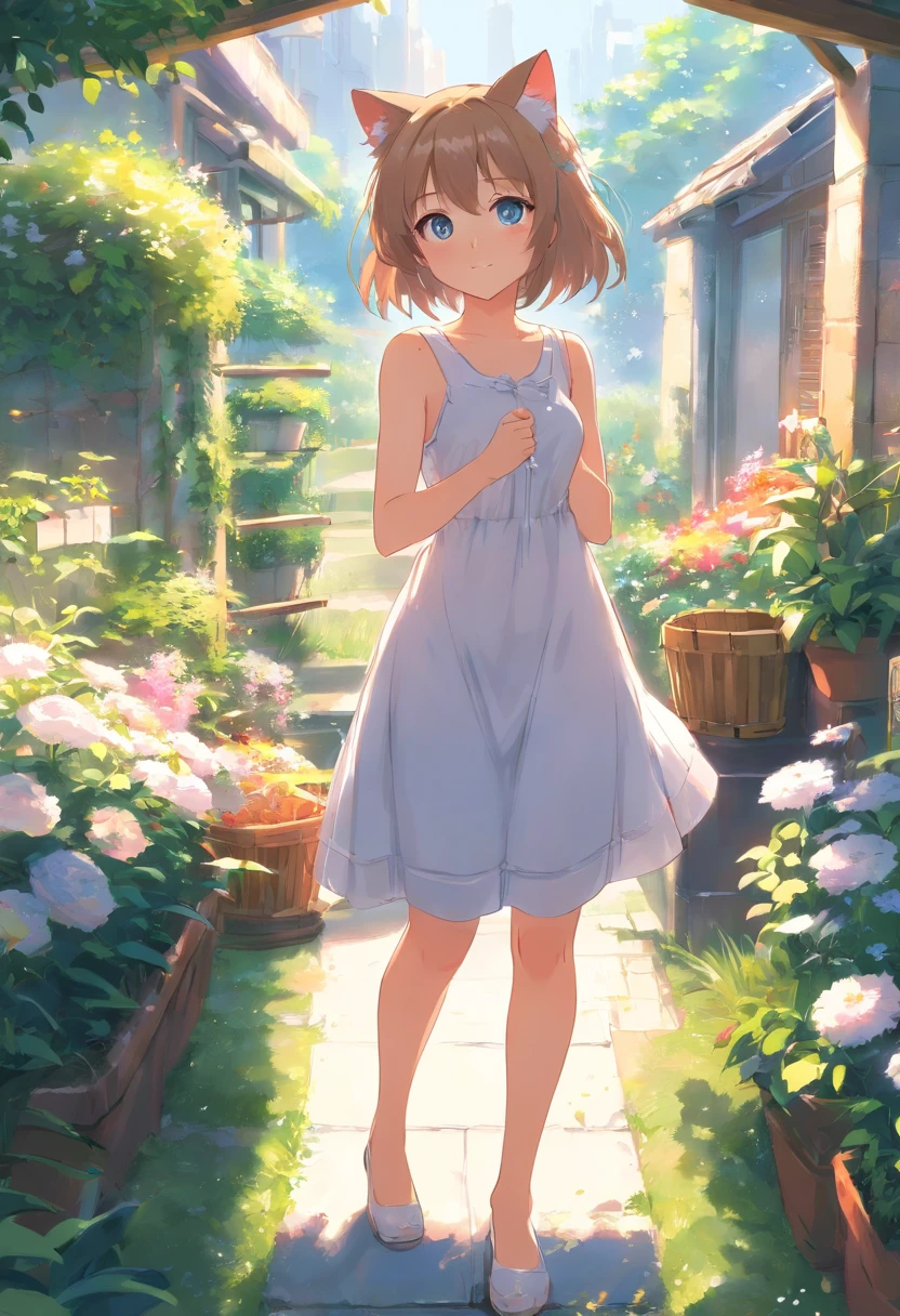 Cat-eared girl in white dress standing in garden, Break,silber hair,eBlue eyes,(((Sleeveless))),Hang laundry to dry,Holding a laundry basket with clothes,loli in dress, small curvaceous loli, Guviz-style artwork, Guweiz in Pixiv ArtStation, Guweiz on ArtStation Pixiv, Guviz, small loli girl, Soft anime illustration, Anime visuals of cute girls, Detailed digital anime art