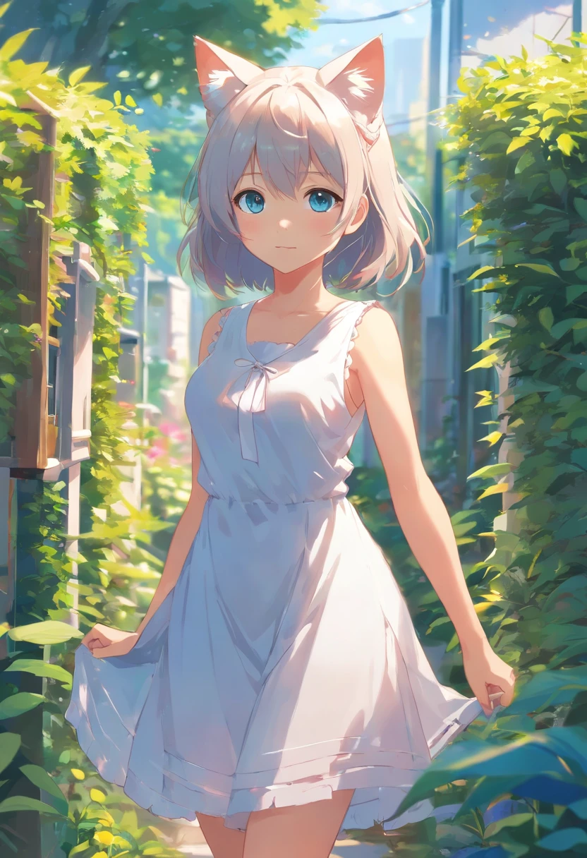 Cat-eared girl in white dress standing in garden, Break，silber hair，eBlue eyes，(((Sleeveless)))，Hang laundry to dry，Holding a laundry basket with clothes，loli in dress, small curvaceous loli, Guviz-style artwork, Guweiz in Pixiv ArtStation, Guweiz on ArtStation Pixiv, Guviz, small li girl, Soft anime illustration, Anime visuals of cute girls, Detailed digital anime art